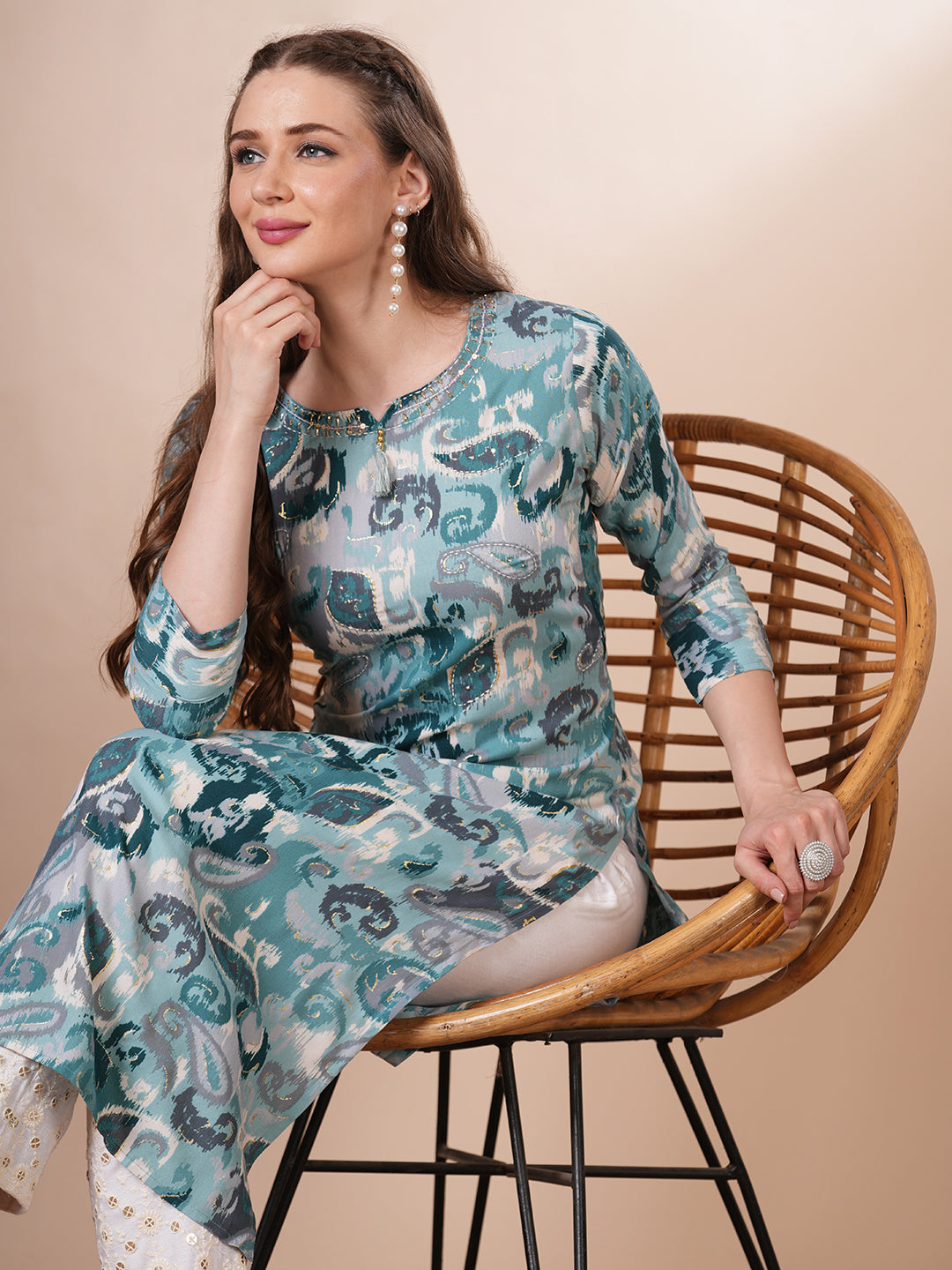Ethnic Ikat Printed & Embroidered Straight Fit Kurta - Turquoise Blue