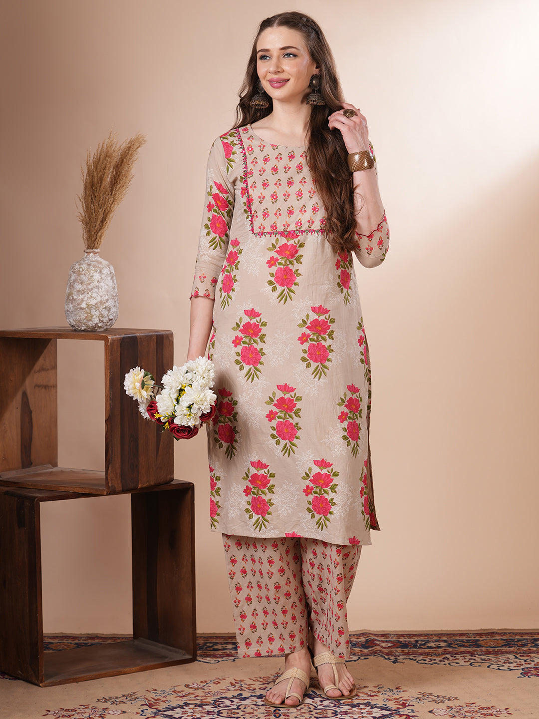 Ethnic Floral Printed Straight Fit Kurta with Palazzo - Mustard