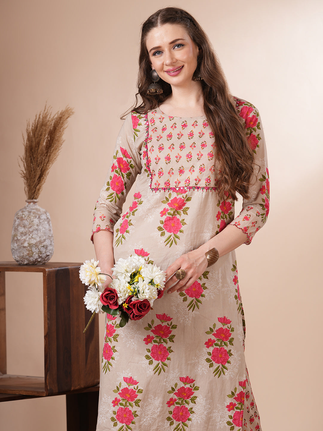 Ethnic Floral Printed Straight Fit Kurta with Palazzo - Mustard