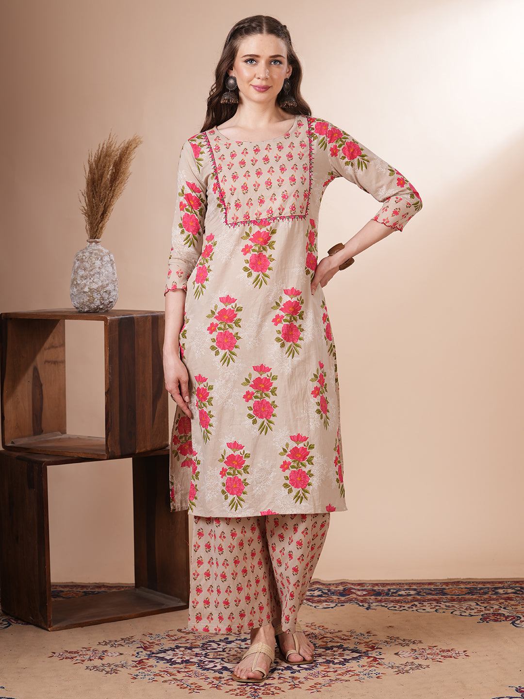 Ethnic Floral Printed Straight Fit Kurta with Palazzo - Mustard