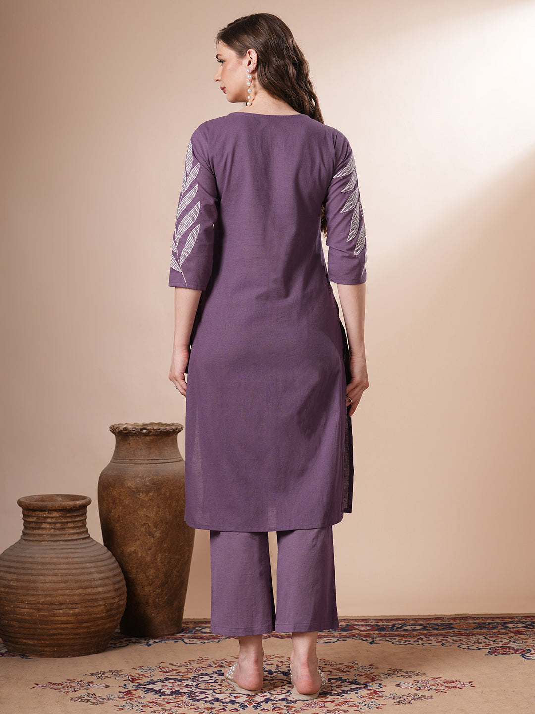 Solid Floral Embroidered Straight Fit Co-ord Set - Purple