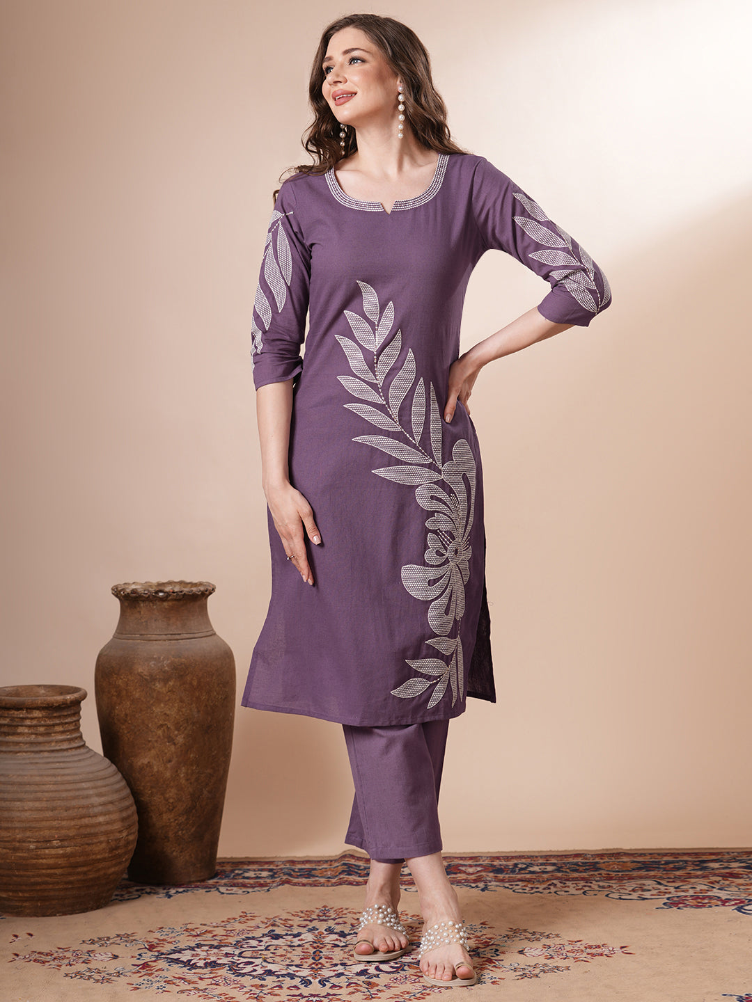 Solid Floral Embroidered Straight Fit Co-ord Set - Purple