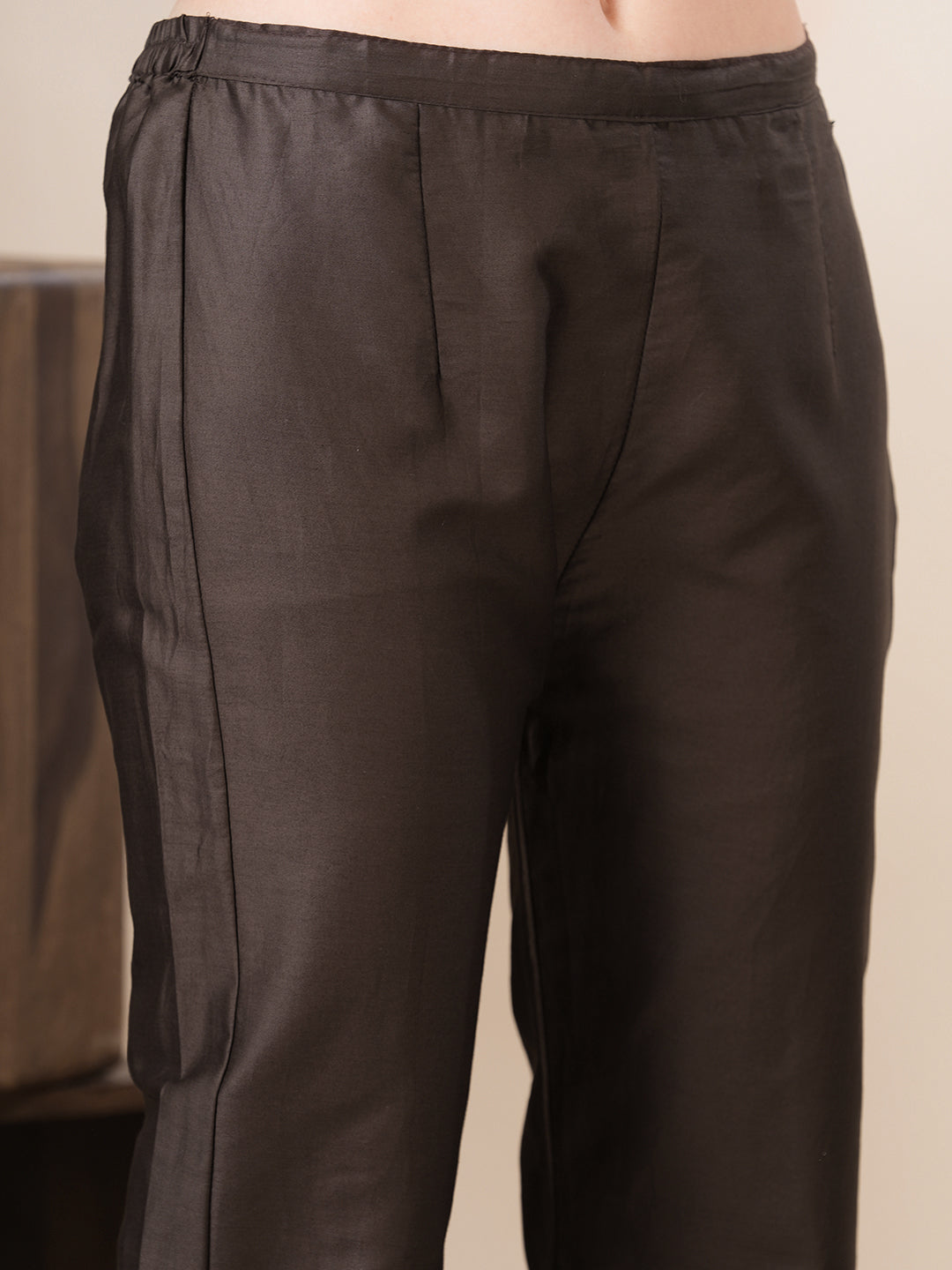 Solid Floral Patchwork Embroidered Straight Fit Co-ord Set - Brown