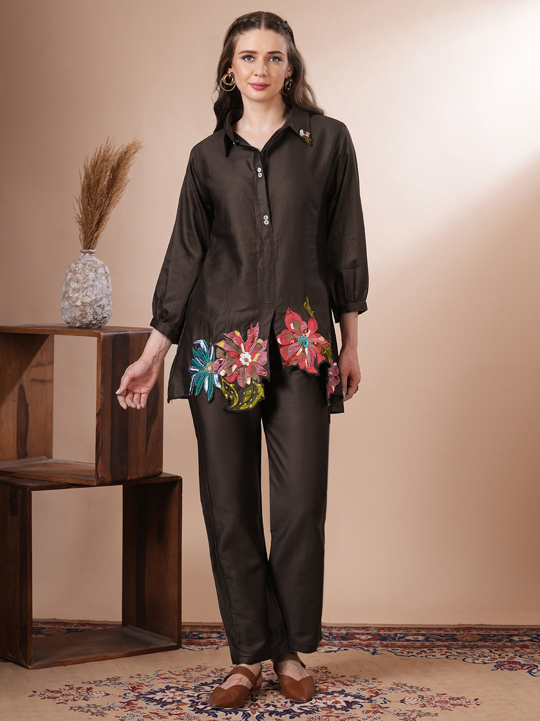 Solid Floral Patchwork Embroidered Straight Fit Co-ord Set - Brown