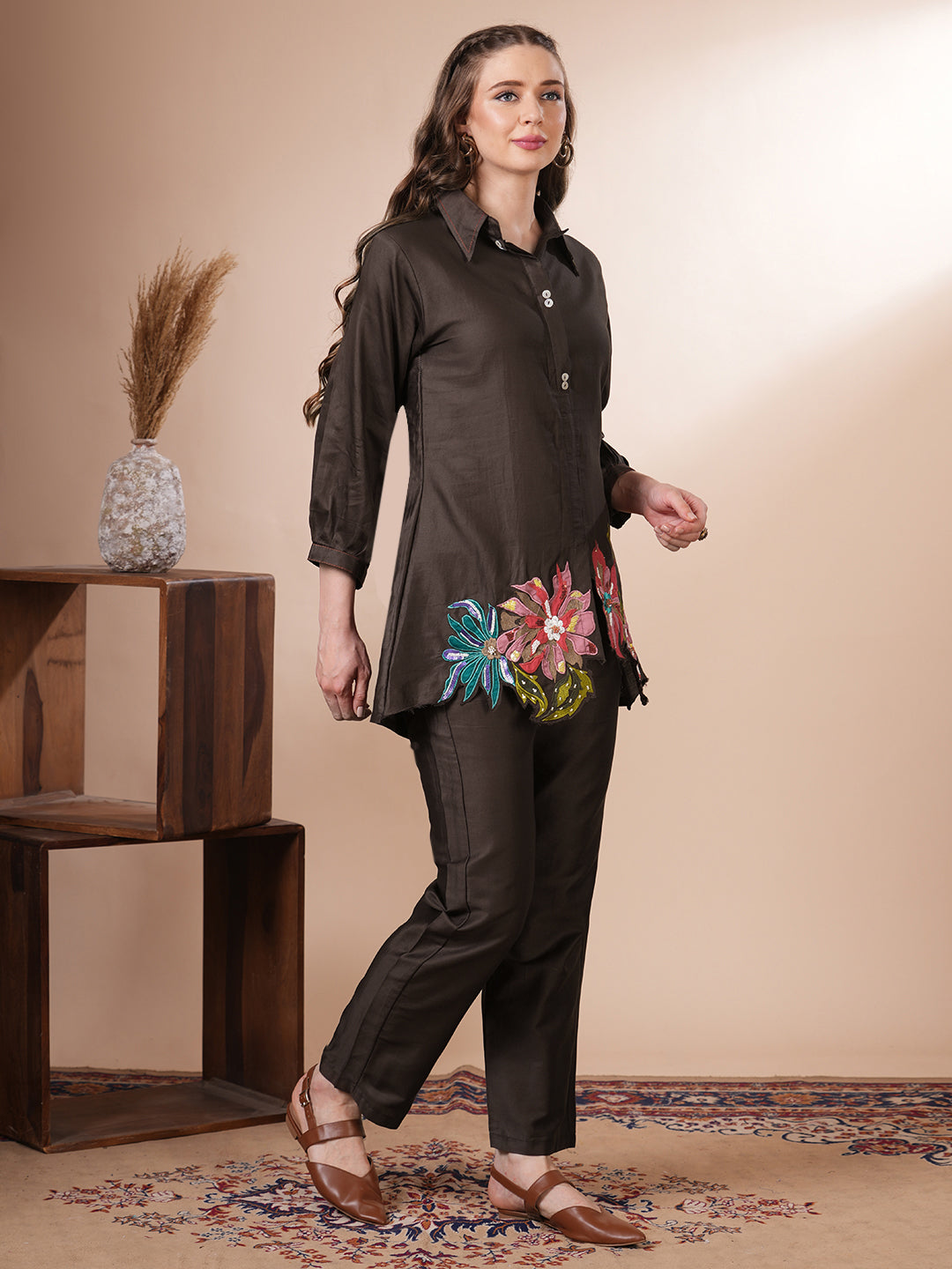 Solid Floral Patchwork Embroidered Straight Fit Co-ord Set - Brown