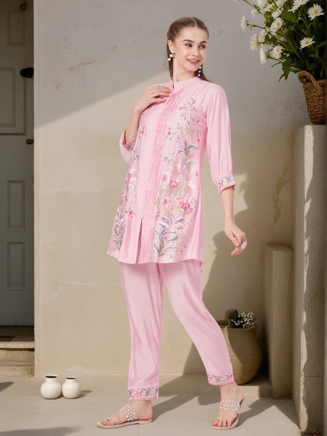 Solid Floral Embroidered Pin Tucked A-Line Co-ord Set - Pink