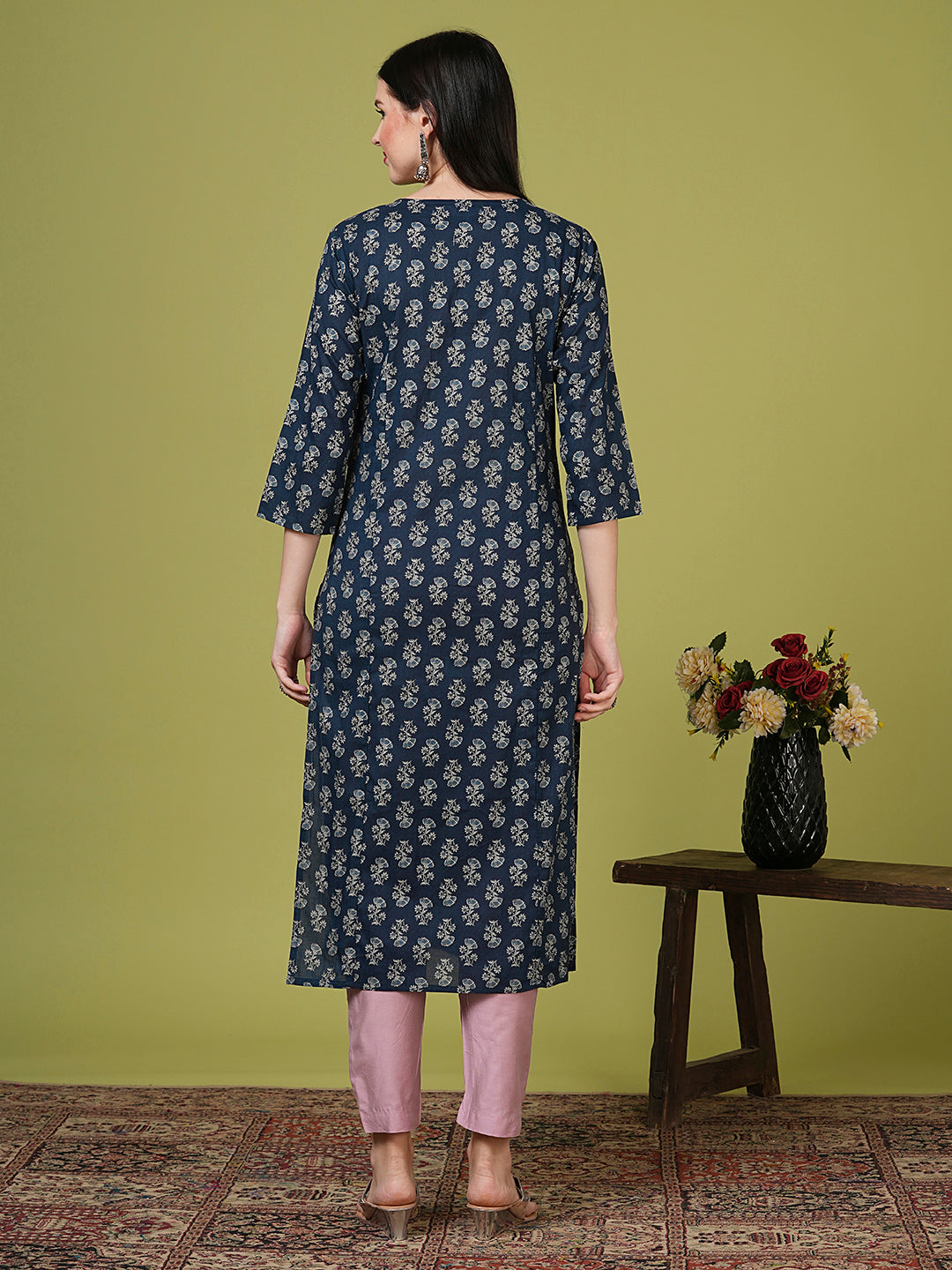 Ethnic Floral Printed & Embroidered Straight Fit Kurta - Blue