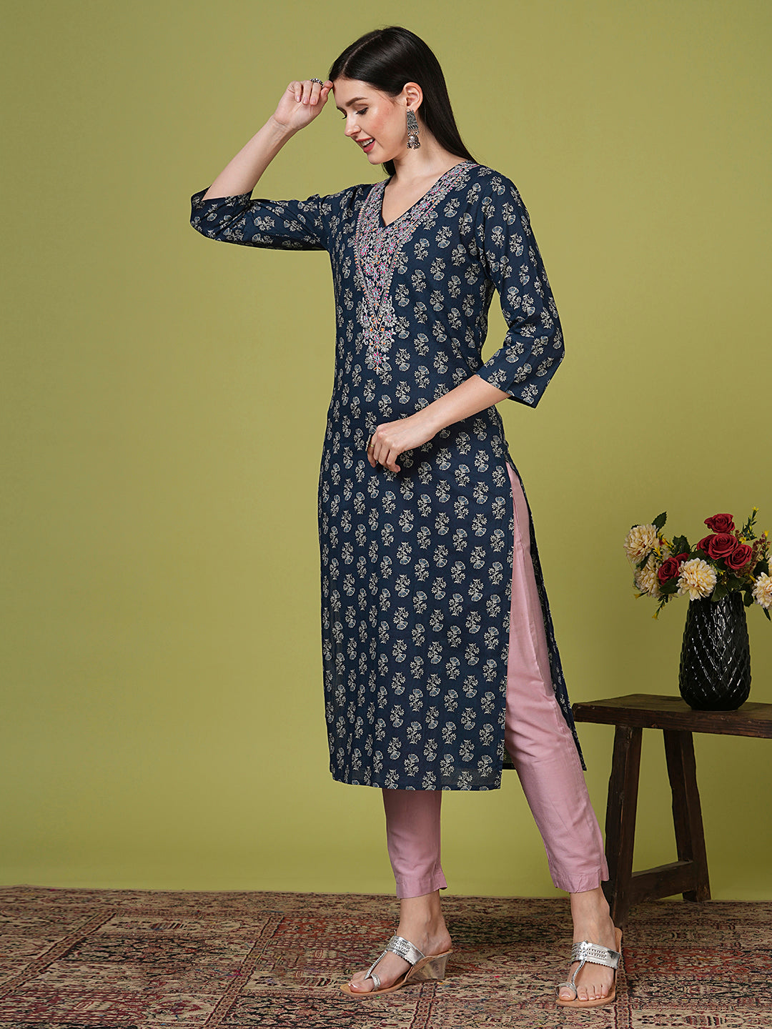 Ethnic Floral Printed & Embroidered Straight Fit Kurta - Blue