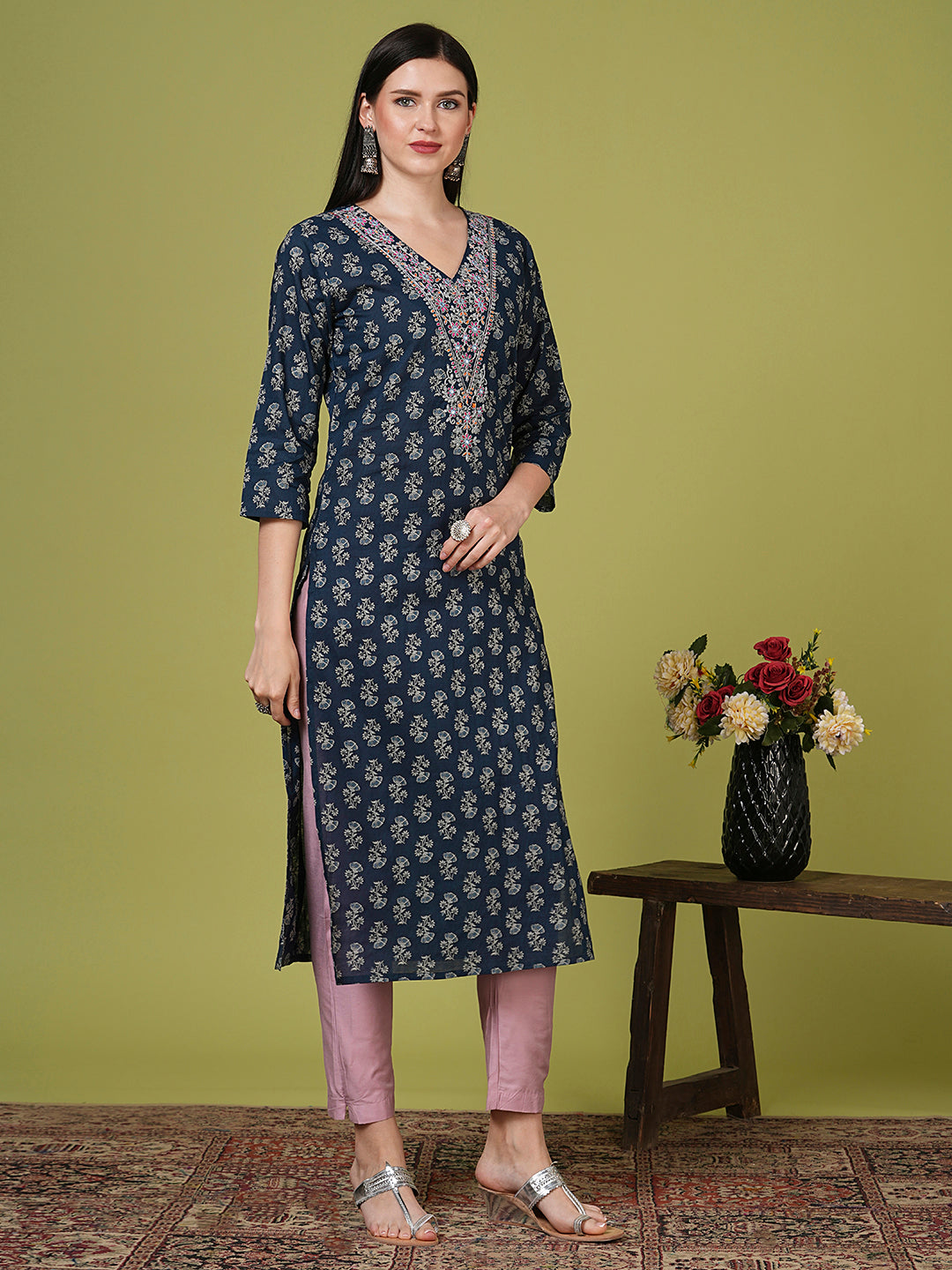Ethnic Floral Printed & Embroidered Straight Fit Kurta - Blue
