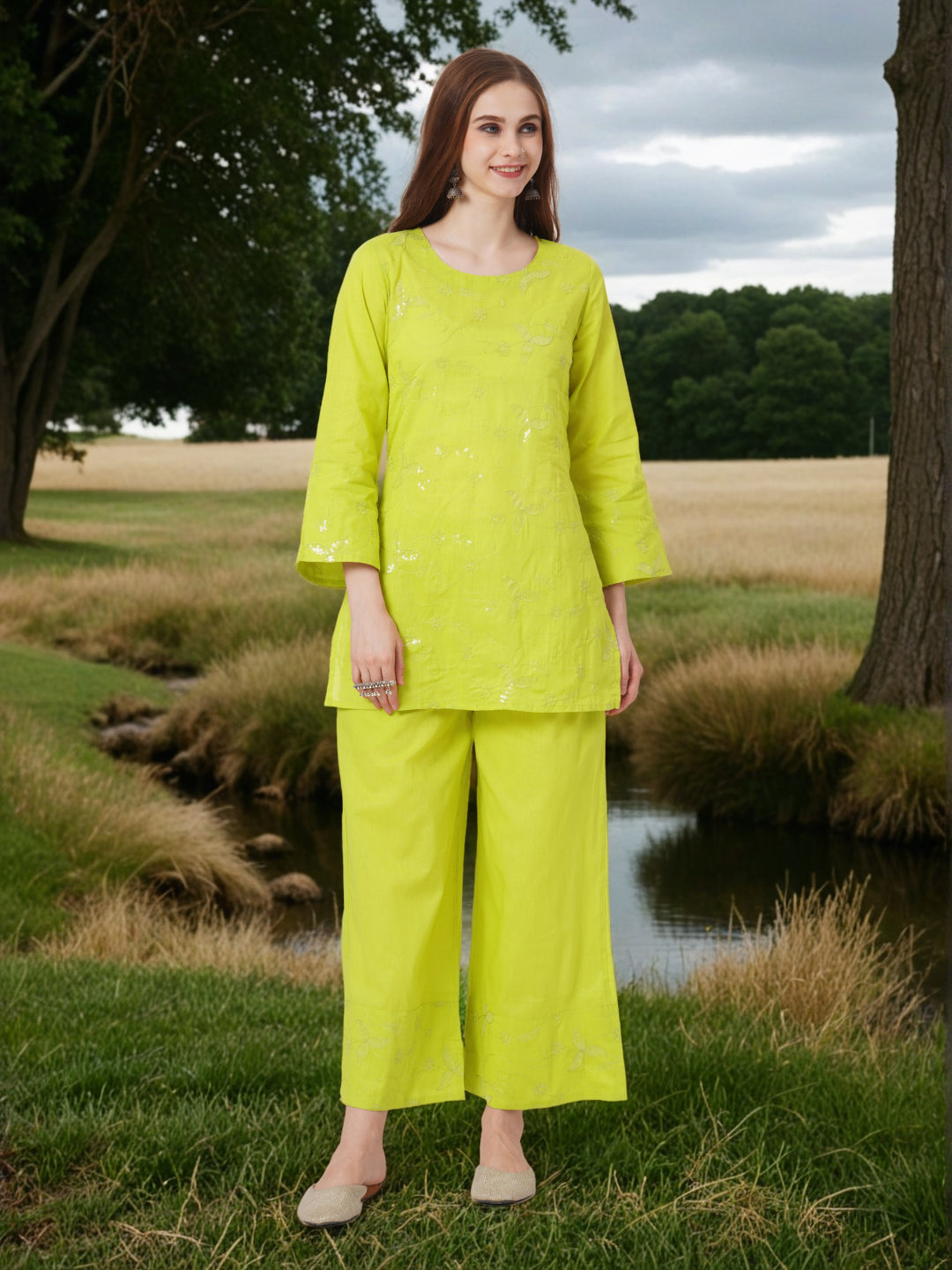 Solid Floral Sequin Embroidered Straight Fit Co-ord Set - Lime Green