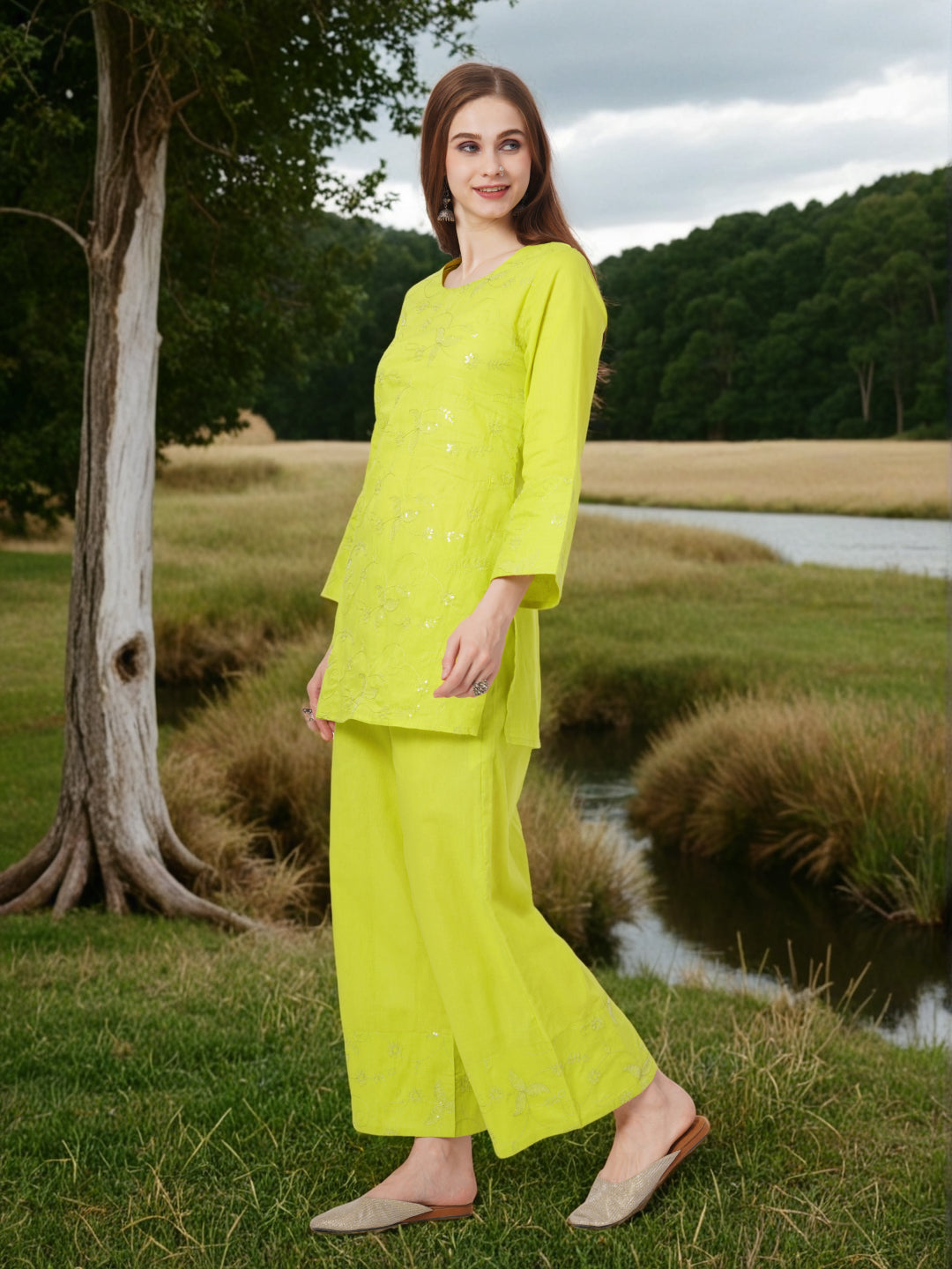 Solid Floral Sequin Embroidered Straight Fit Co-ord Set - Lime Green