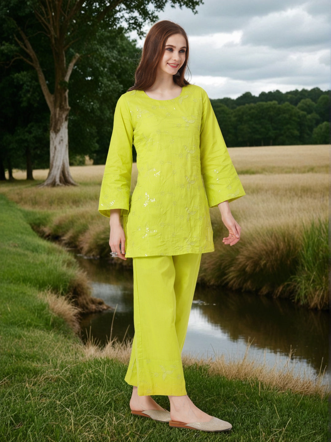 Solid Floral Sequin Embroidered Straight Fit Co-ord Set - Lime Green