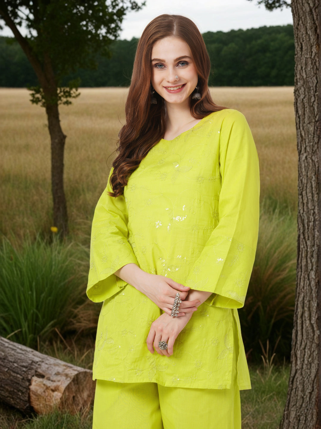 Solid Floral Sequin Embroidered Straight Fit Co-ord Set - Lime Green