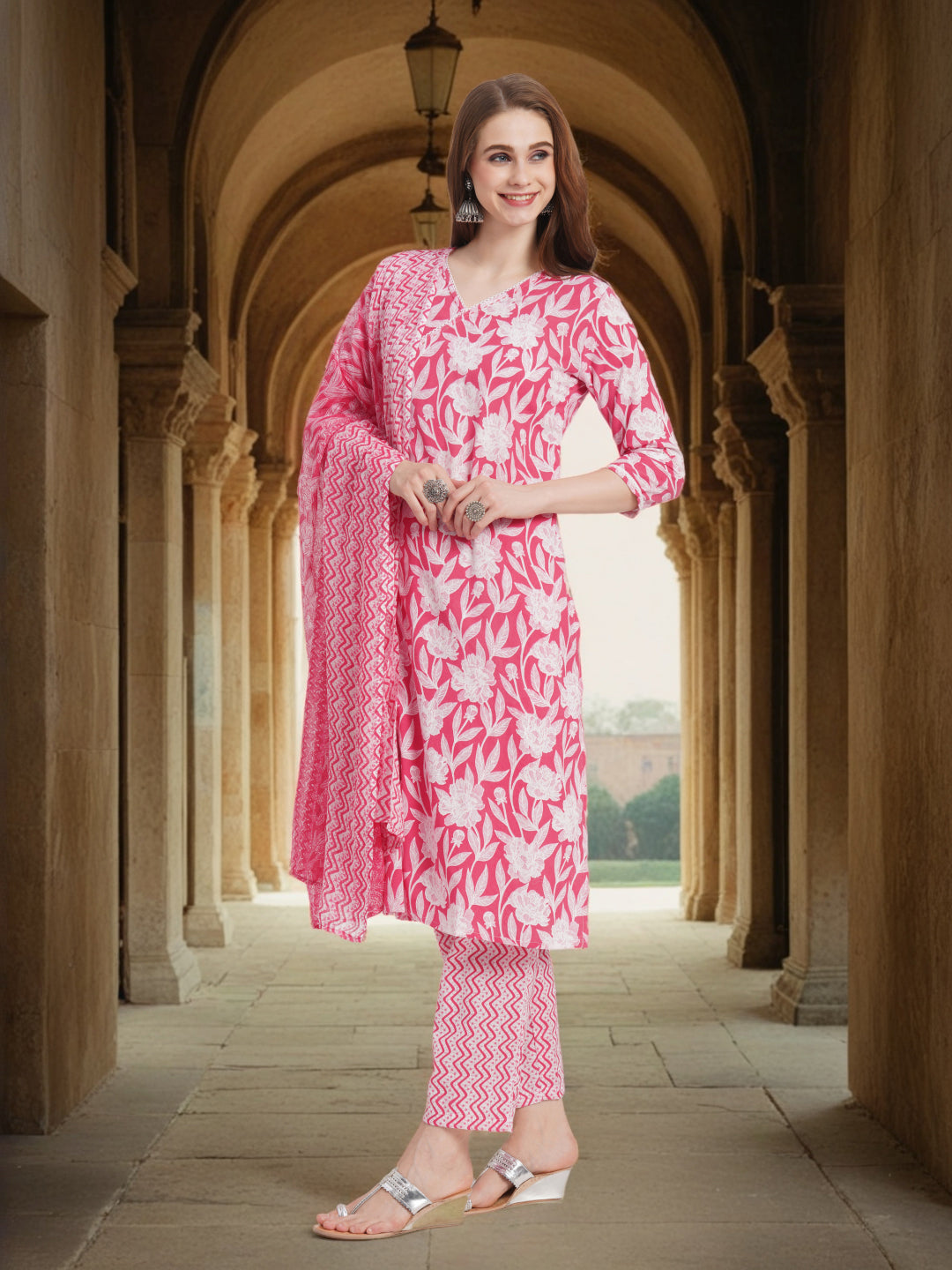 Ethnic Floral Printed Paneled Straight Kurta with Palazzo & Dupatta - Pink