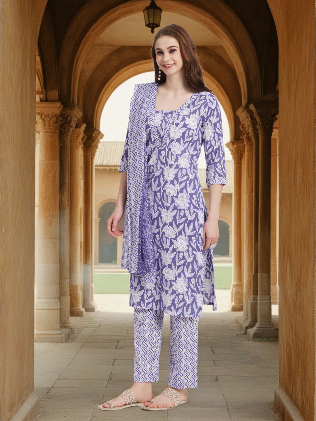 Floral Printed & Kantha Embroidered Straight Kurta with Pant & Dupatta - Purple