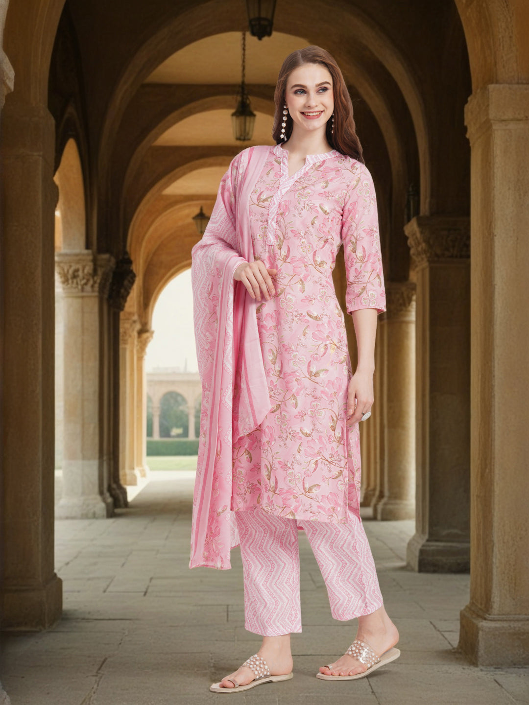 Floral Printed & Embroidered Straight Kurta with Pant & Dupatta - Pink