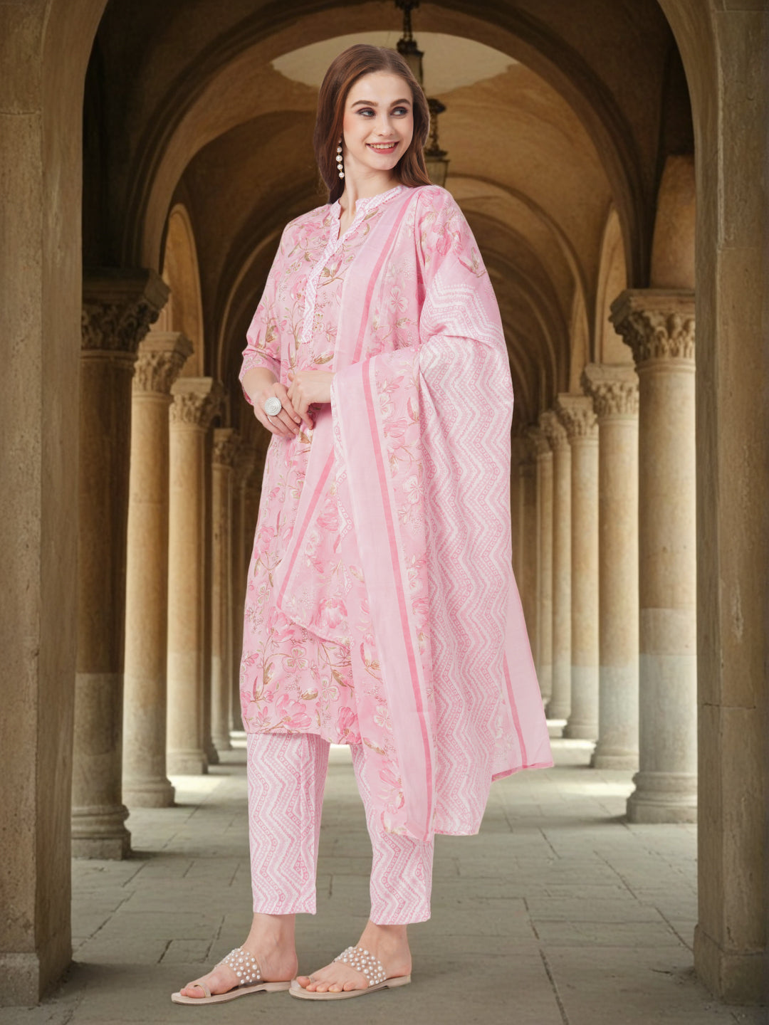 Floral Printed & Embroidered Straight Kurta with Pant & Dupatta - Pink
