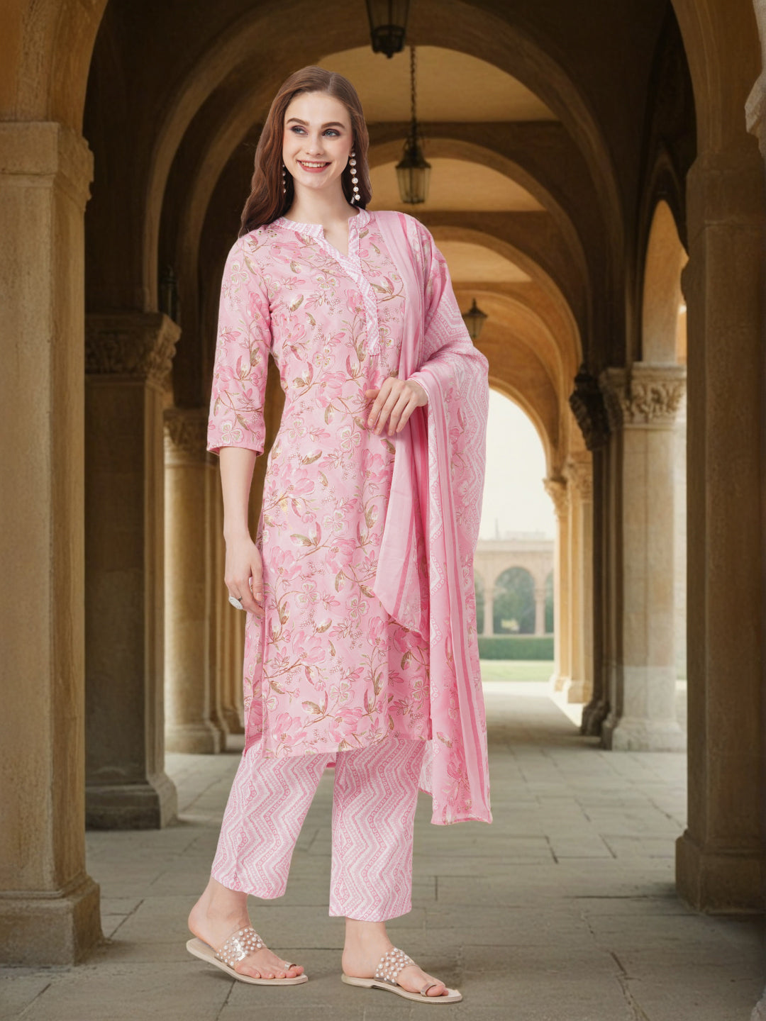 Floral Printed & Embroidered Straight Kurta with Pant & Dupatta - Pink