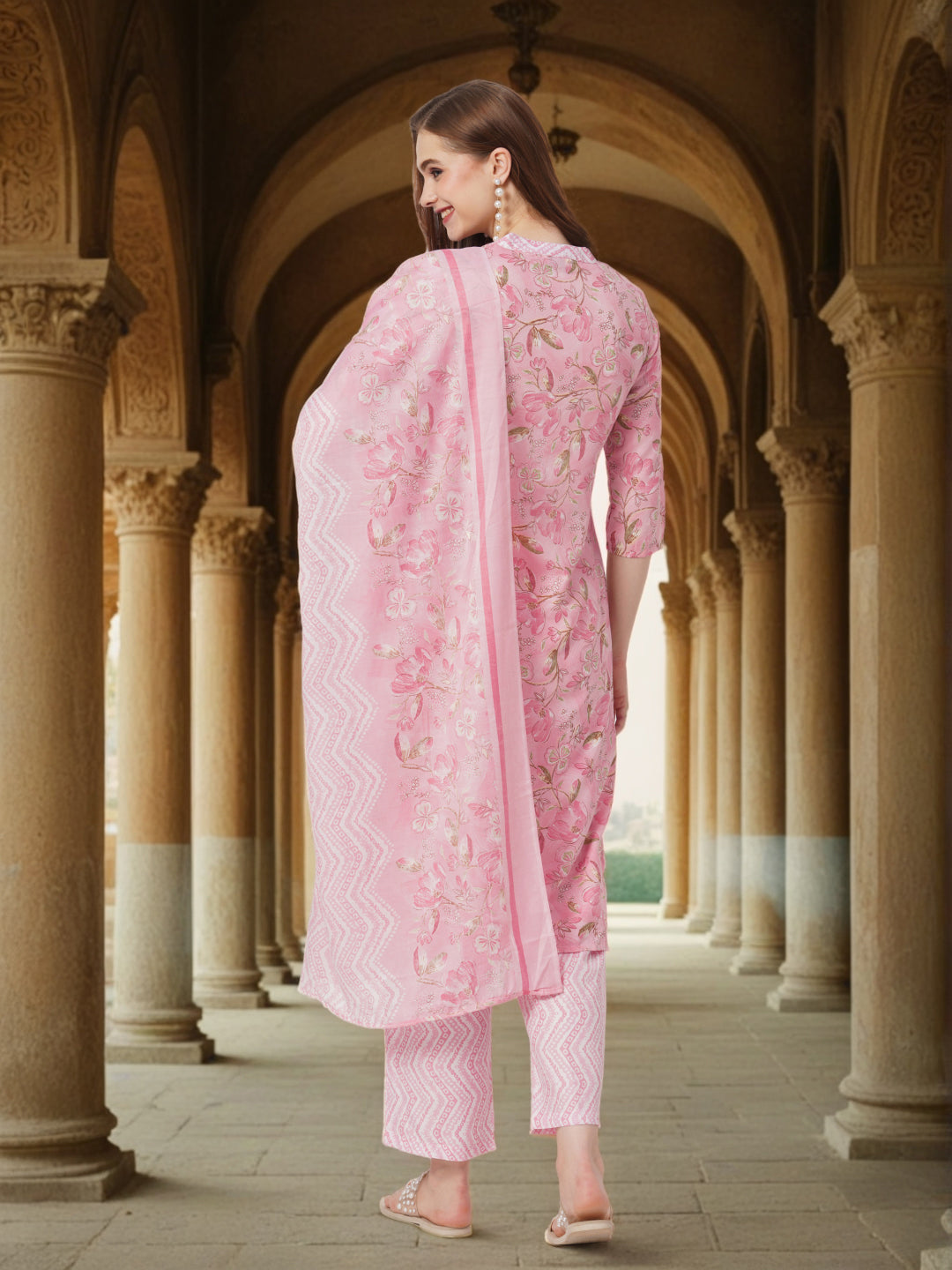 Floral Printed & Embroidered Straight Kurta with Pant & Dupatta - Pink