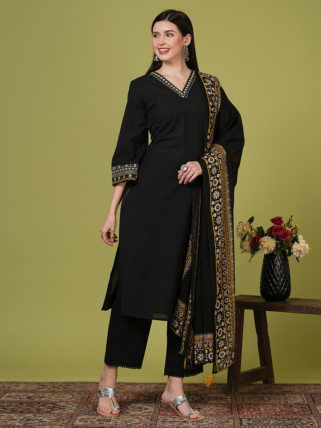 Solid Ethnic Embroidered Straight Fit Kurta with Pant and Dupatta - Black