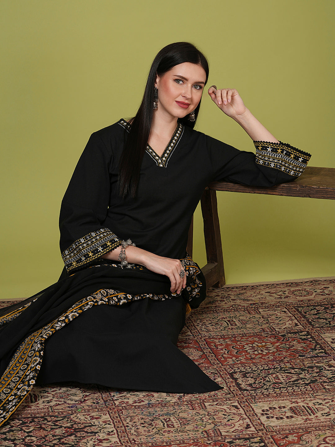 Solid Ethnic Embroidered Straight Fit Kurta with Pant and Dupatta - Black