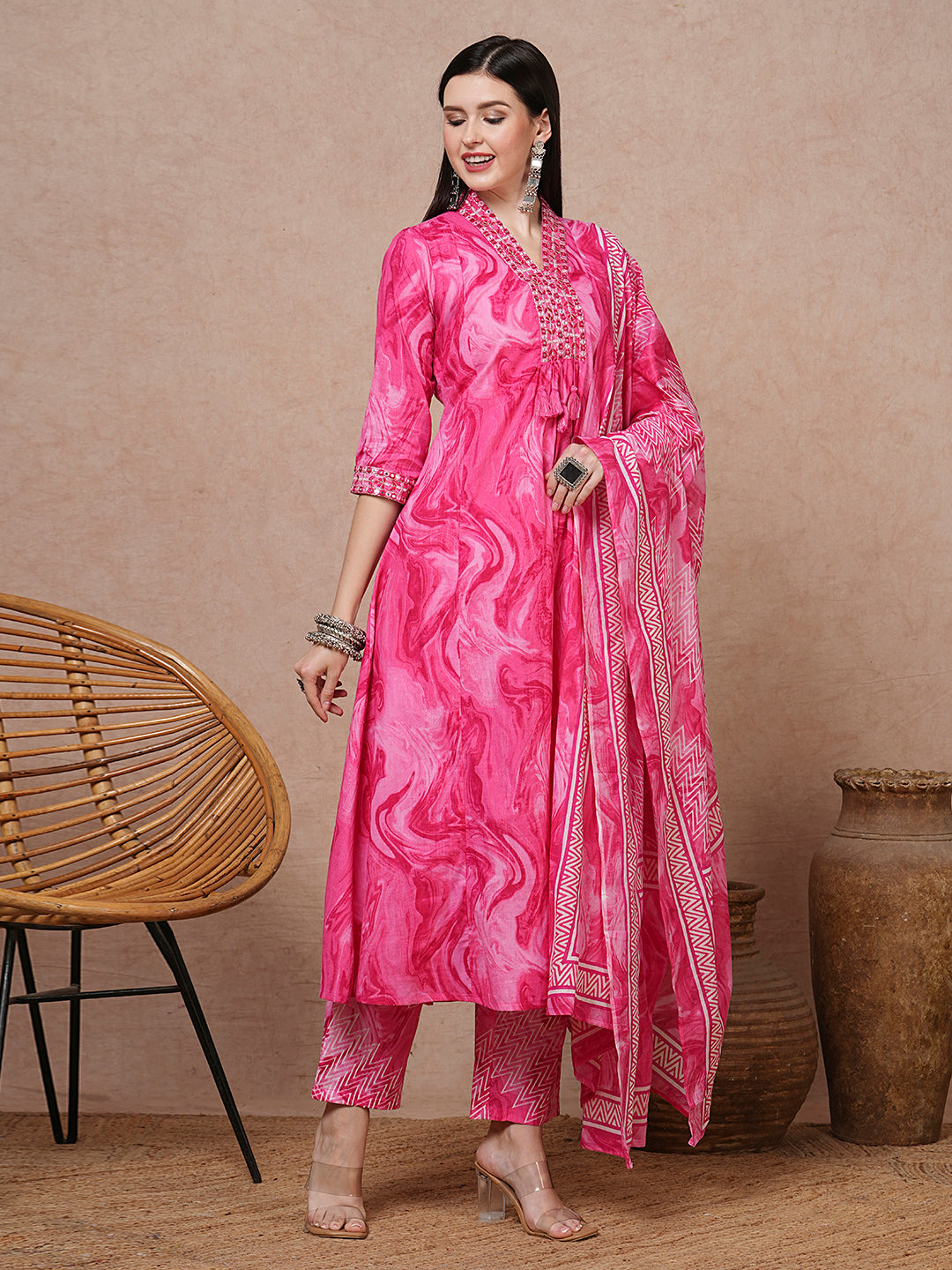 Marbling Printed & Mirror Embroidered A-Line Kurta with Pant & Dupatta - Pink