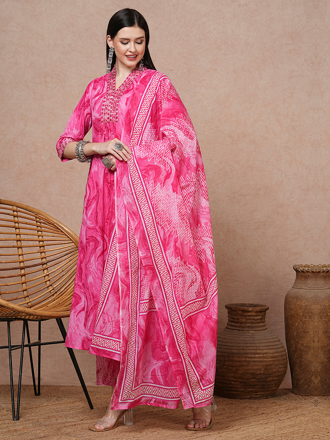 Marbling Printed & Mirror Embroidered A-Line Kurta with Pant & Dupatta - Pink