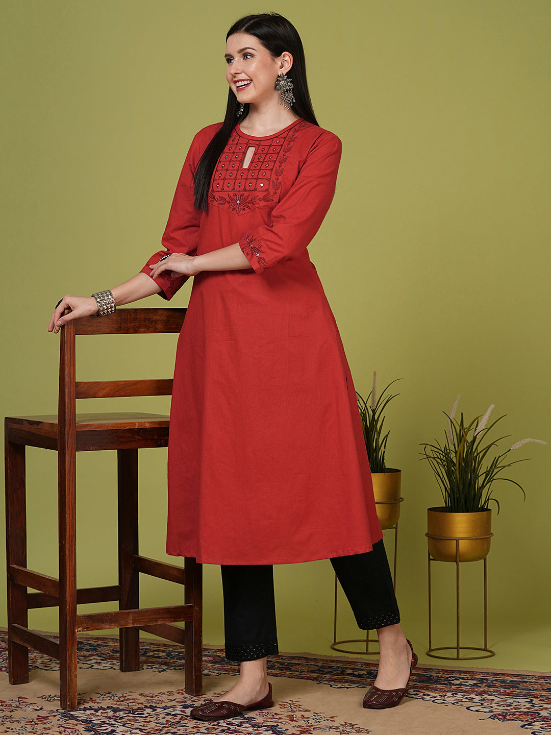 Solid Mirror Embroidered A-Line Flared Kurta - Rust