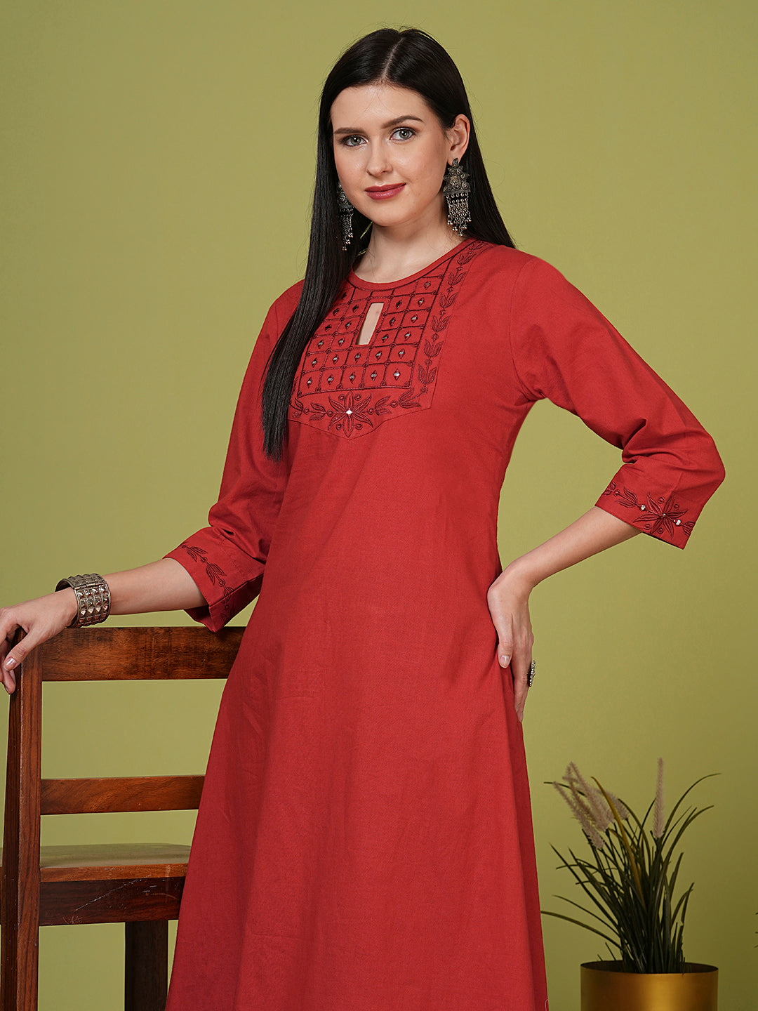 Solid Mirror Embroidered A-Line Flared Kurta - Rust