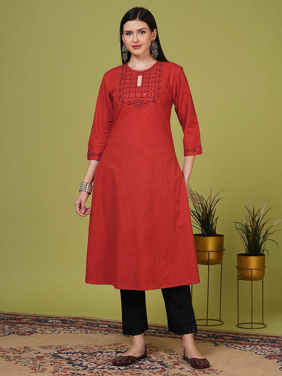 Solid Mirror Embroidered A-Line Flared Kurta - Rust