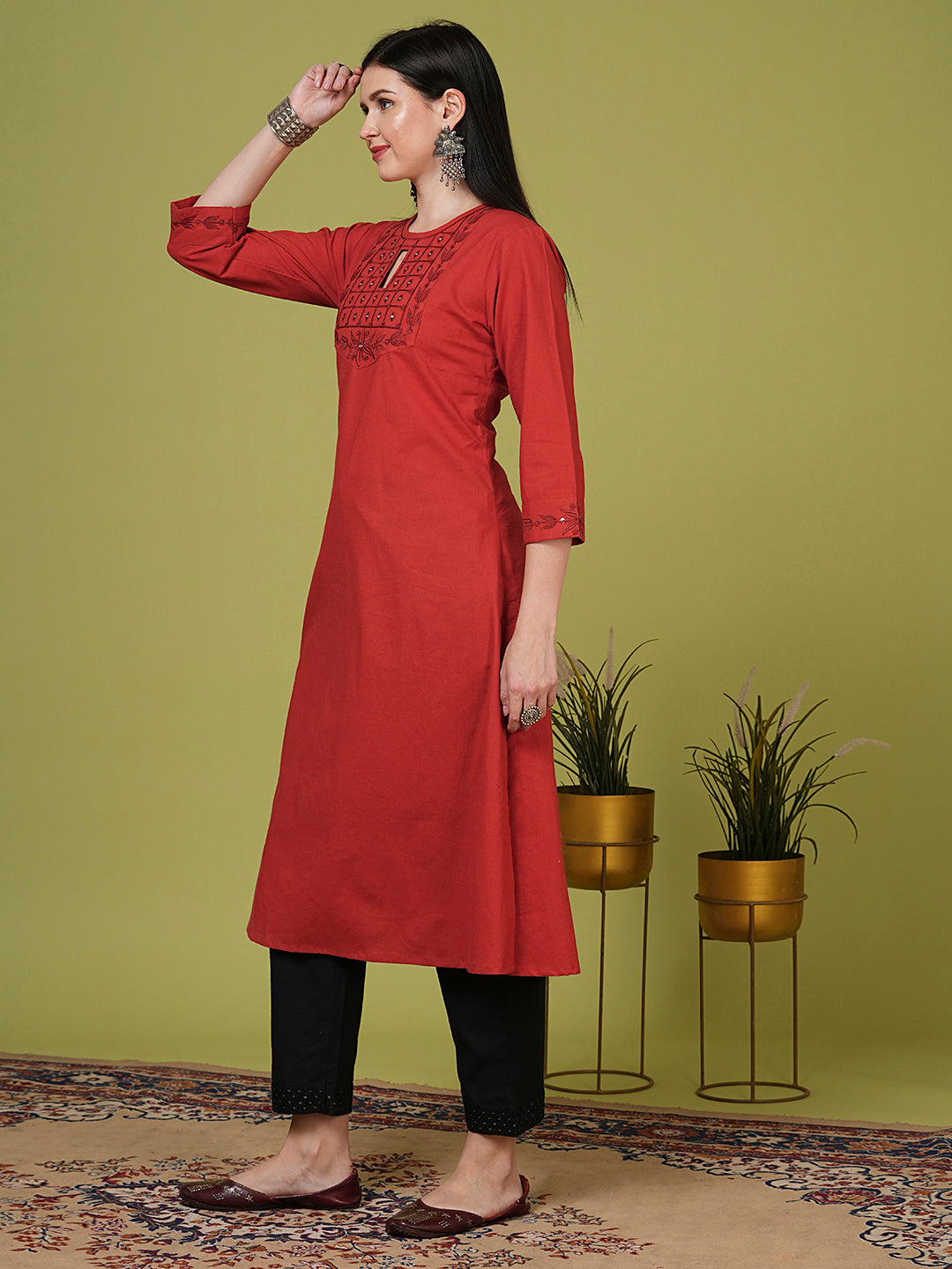 Solid Mirror Embroidered A-Line Flared Kurta - Rust