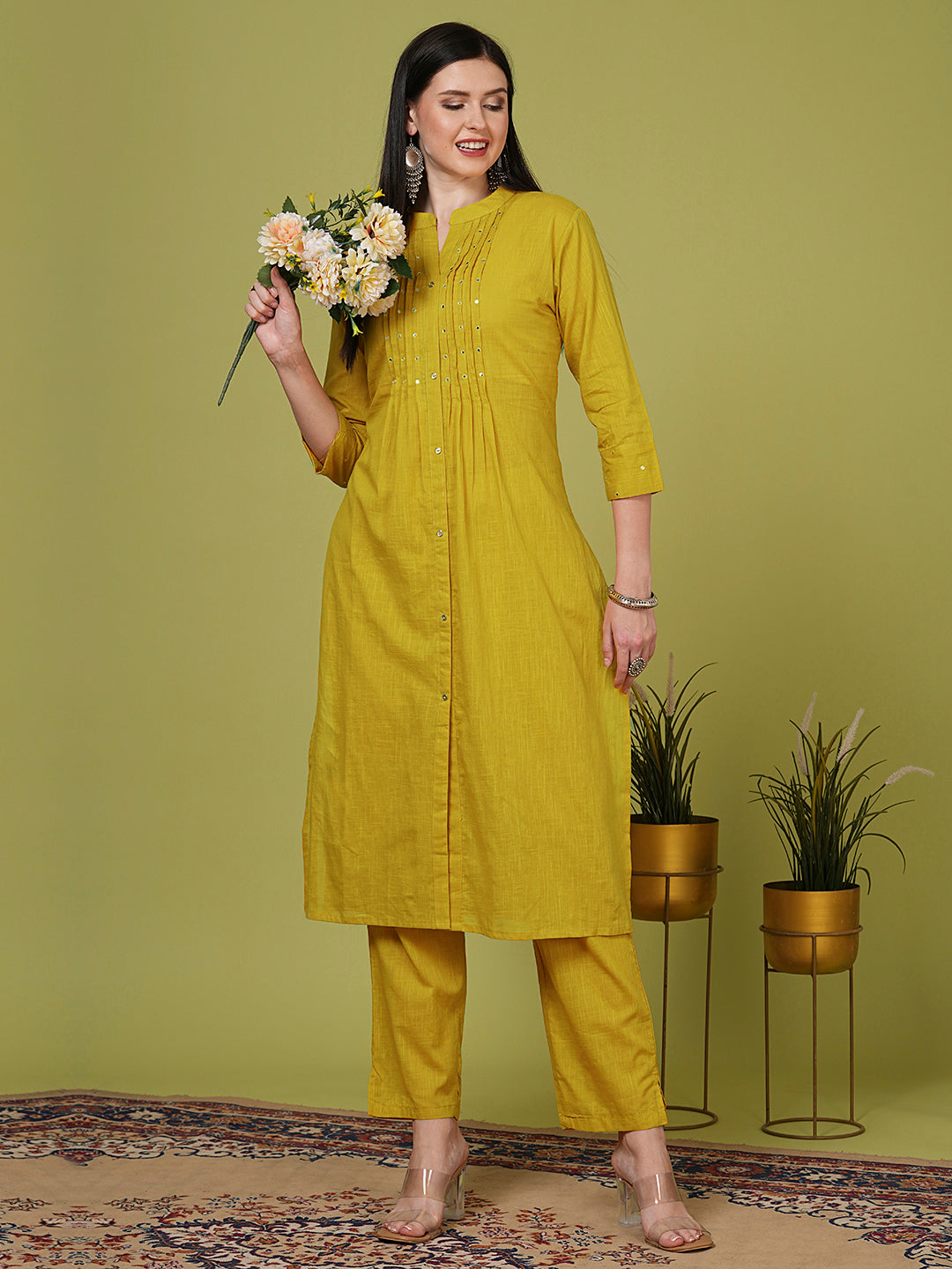 Solid Mirror Embroidered A-Line Pleated Kurta with Pant - Yellow