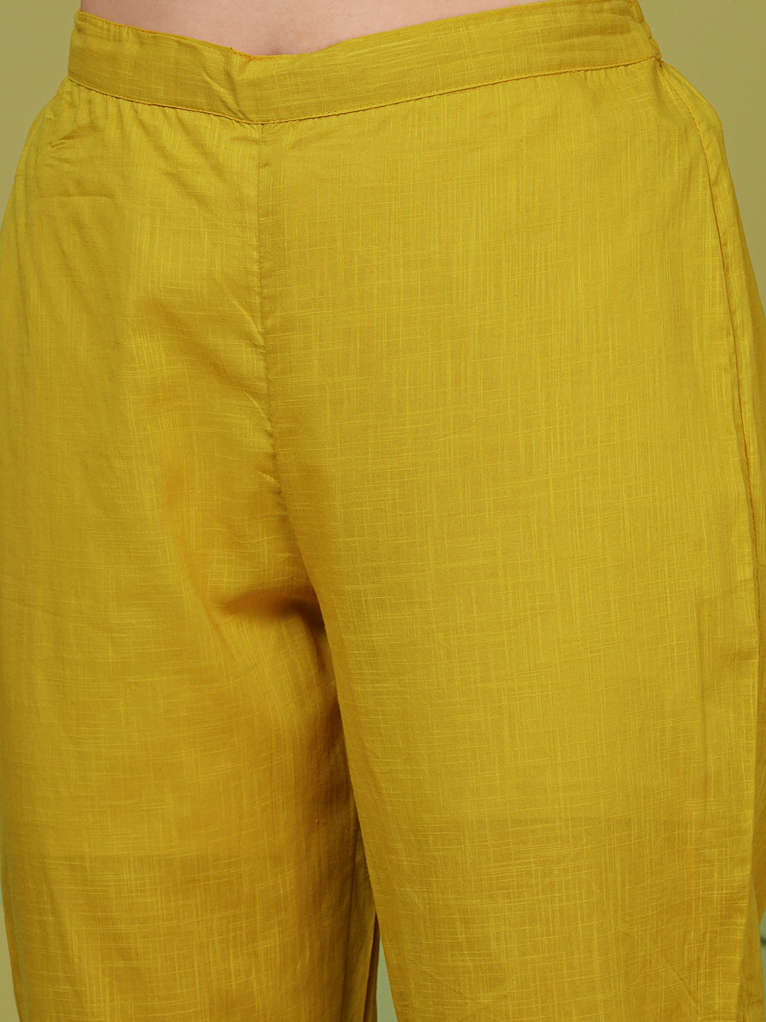 Solid Mirror Embroidered A-Line Pleated Kurta with Pant - Yellow