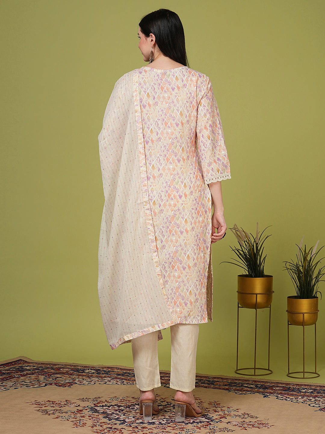 Ethnic Floral Embroidered Straight Fit Kurta with Pant and Dupatta - Off White