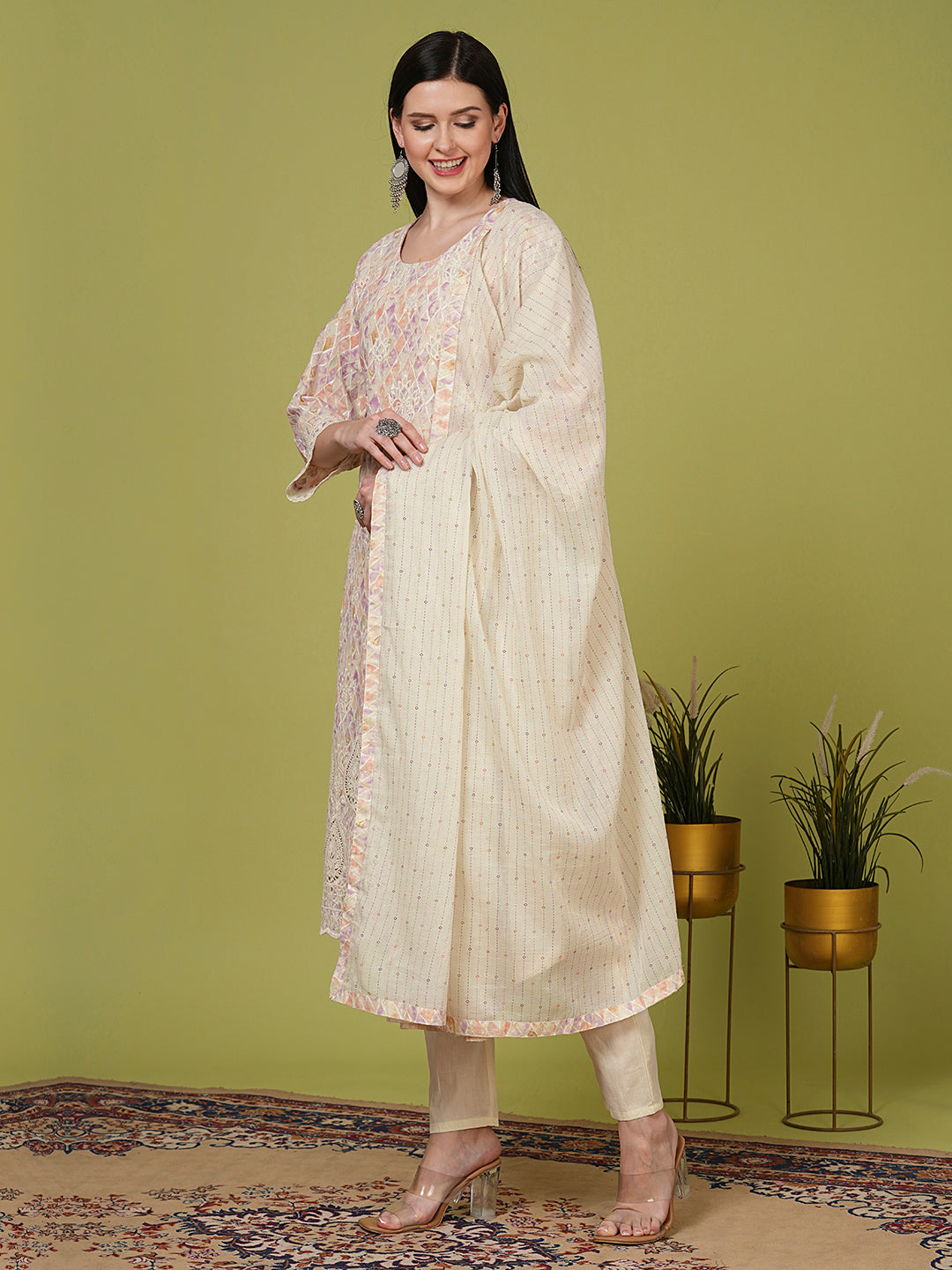 Ethnic Floral Embroidered Straight Fit Kurta with Pant and Dupatta - Off White