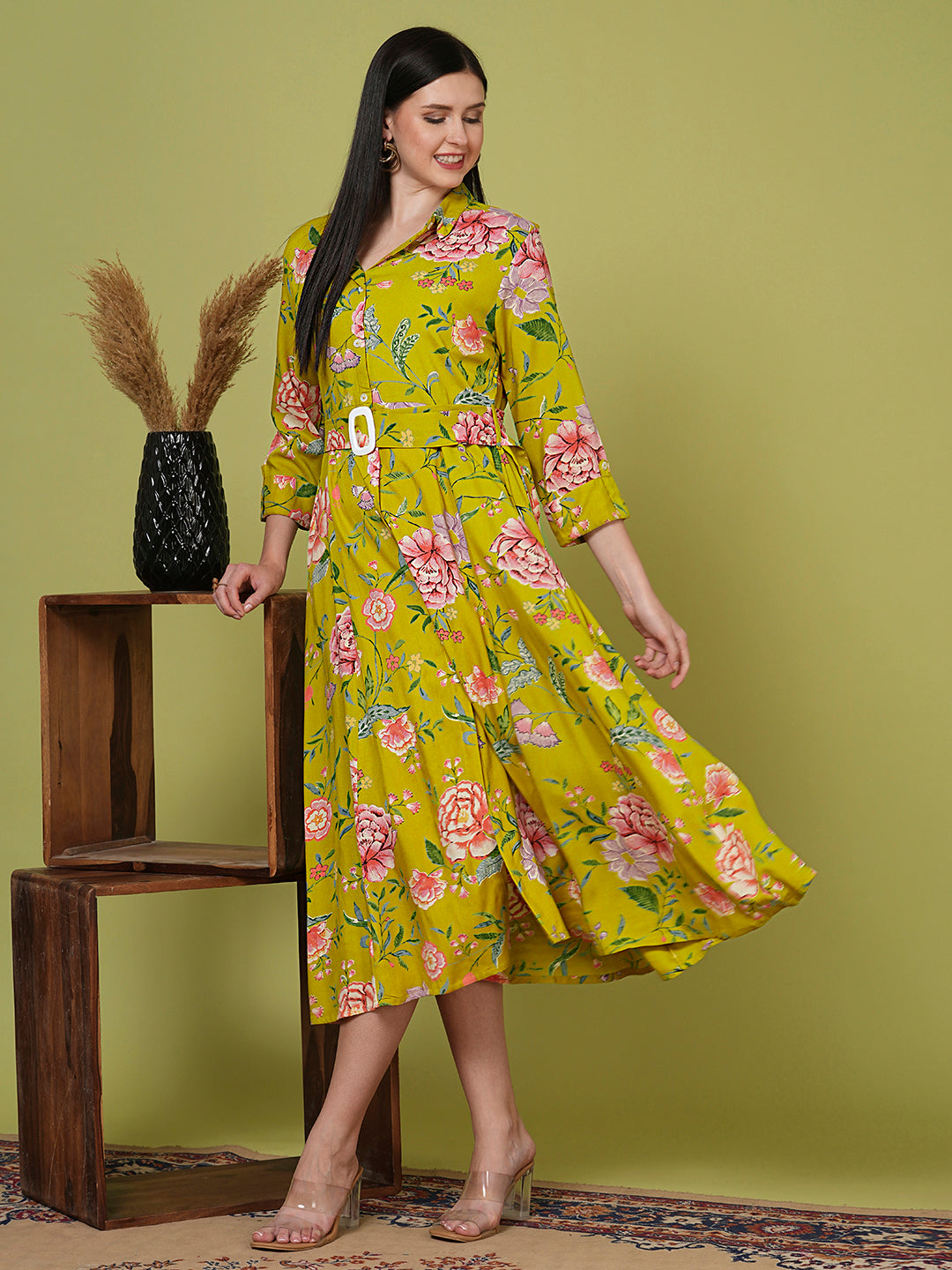 Ethnic Floral Printed A-Line Flared Midi Dress with Belt - Green FASHOR Ethnic Floral Printed A-Line Flared Midi Dress with Belt - Green FASHOR