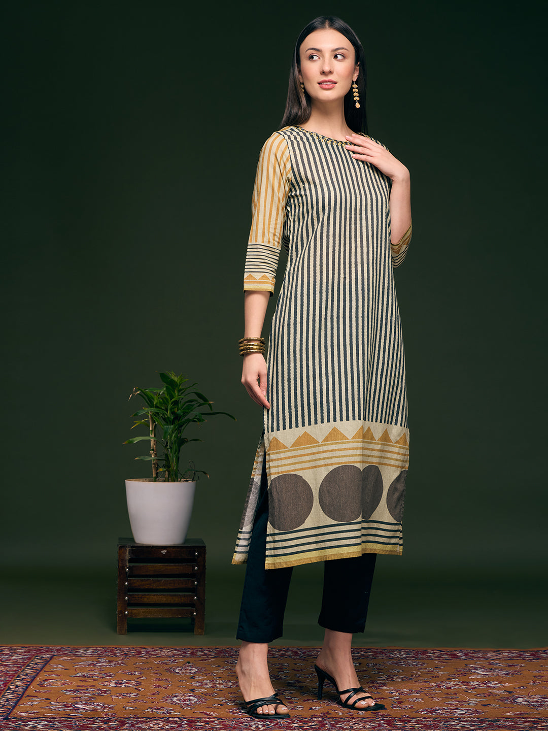 Stripes Printed & Embroidered Straight Fit Kurta - Multi