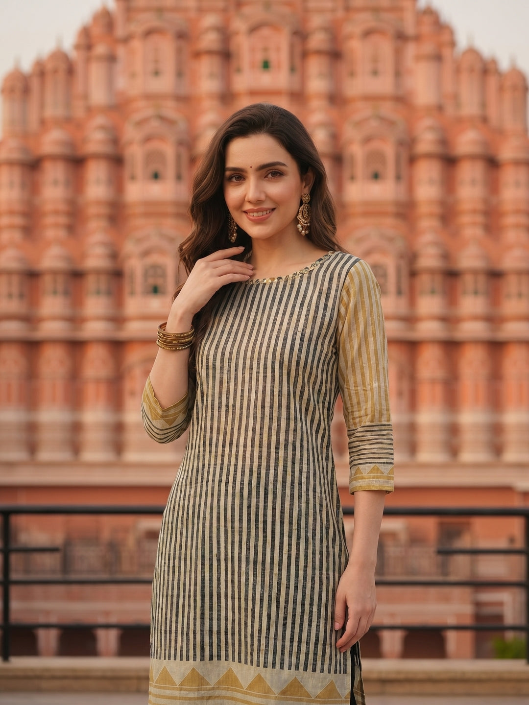Stripes Printed & Embroidered Straight Fit Kurta - Multi