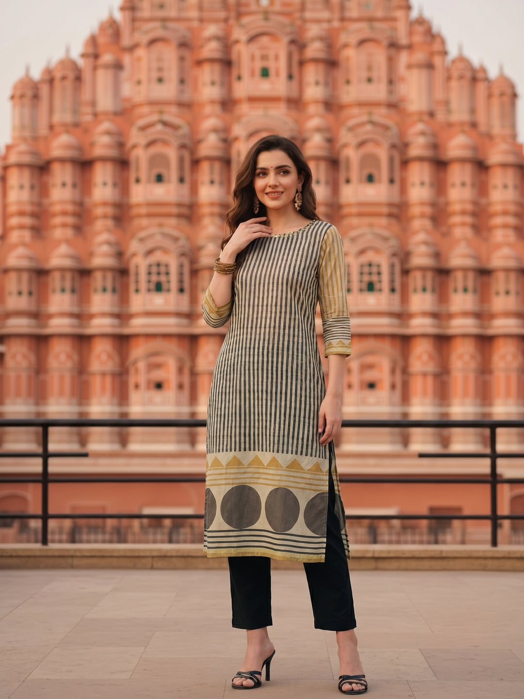 Stripes Printed & Embroidered Straight Fit Kurta - Multi