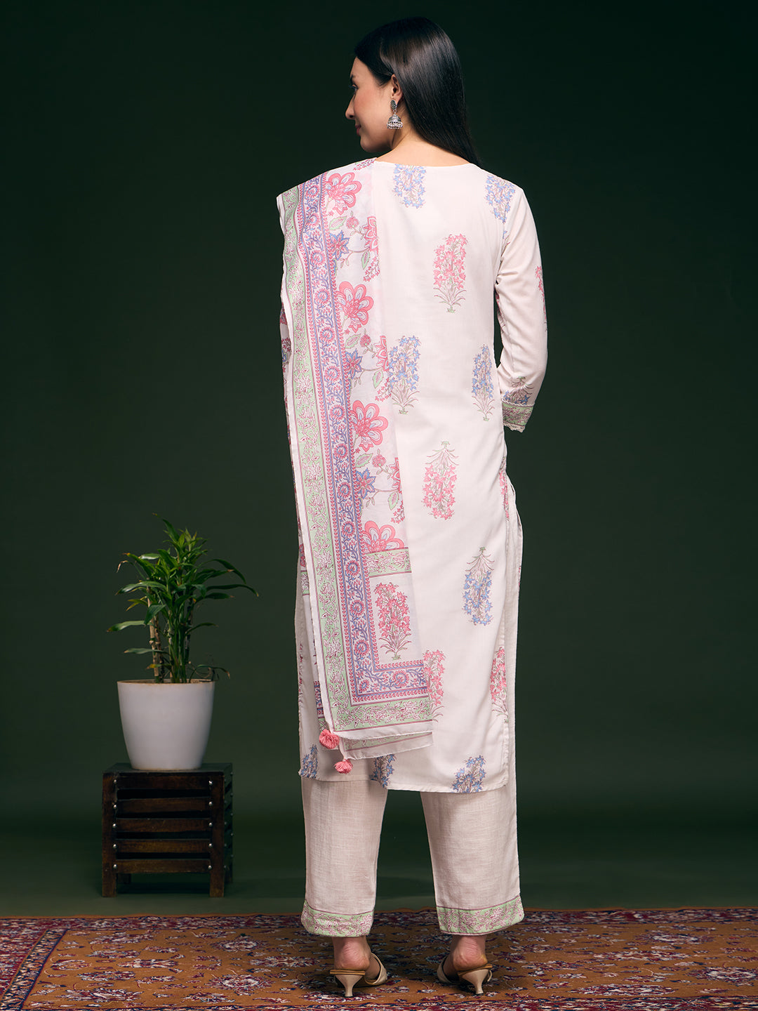 Floral Printed Embellished Straight Cut Kurta with Pant & Dupatta - White