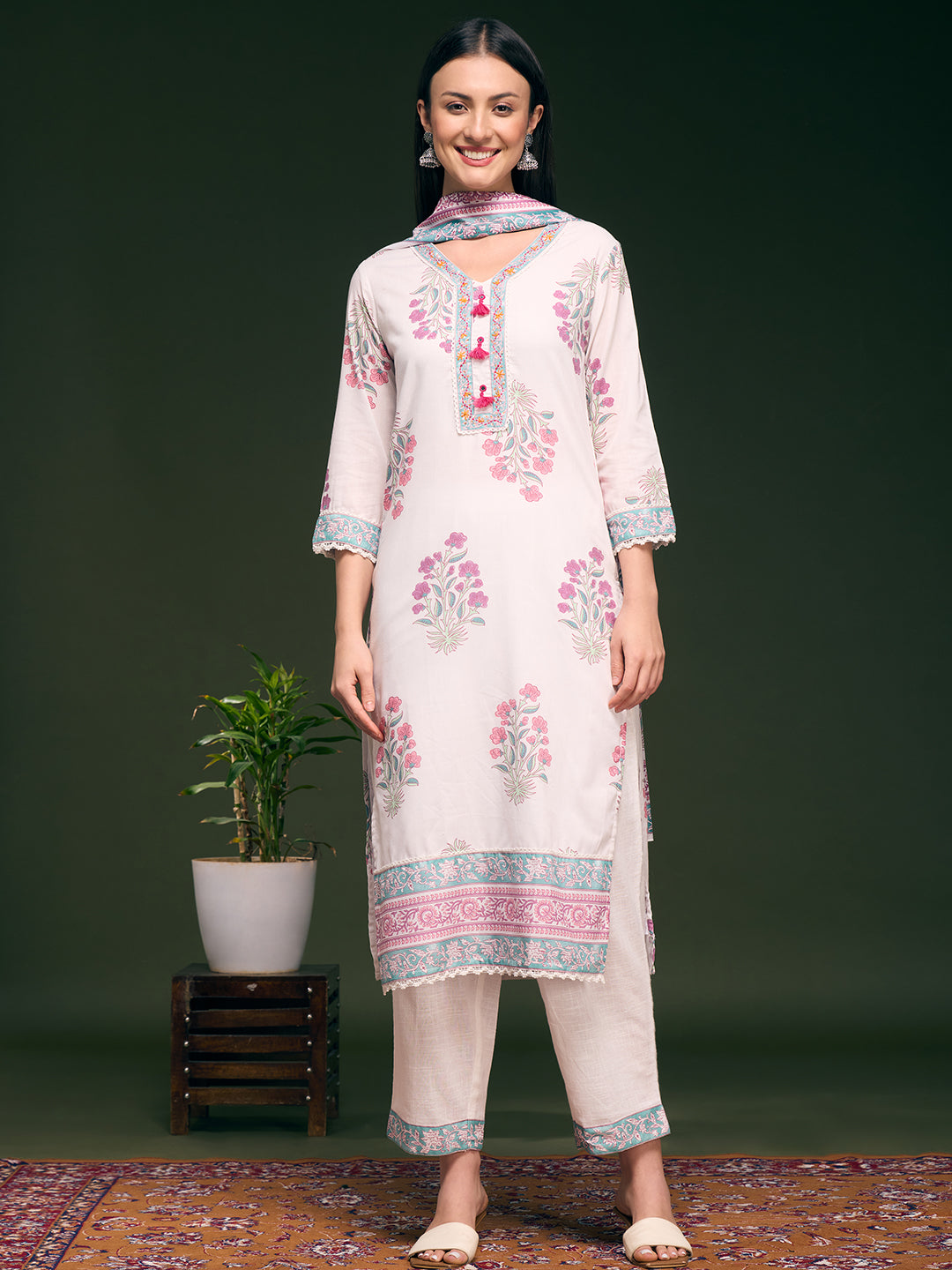 Floral Printed Embellished Straight Cut Kurta with Pant & Dupatta - White