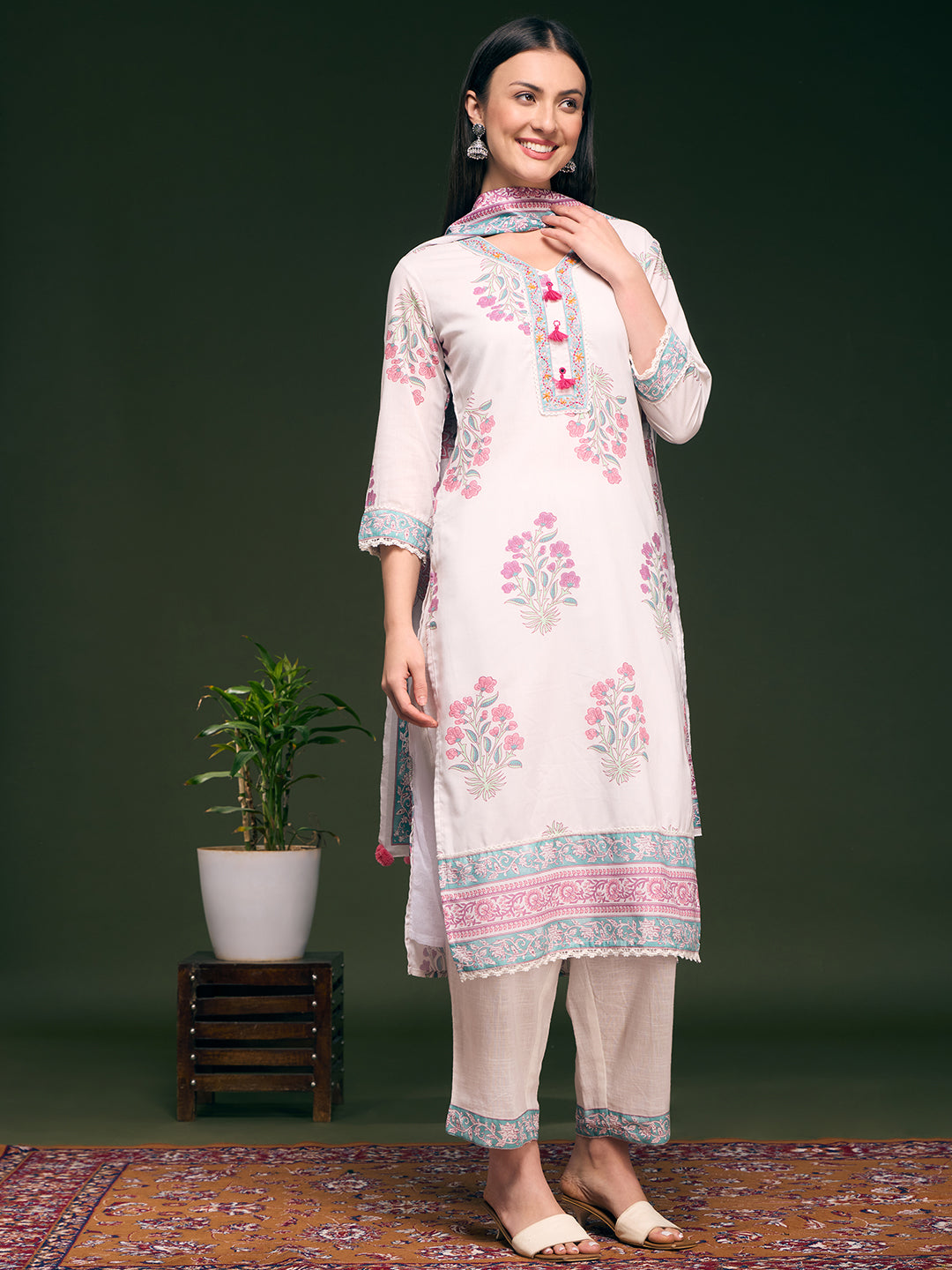 Floral Printed Embellished Straight Cut Kurta with Pant & Dupatta - White
