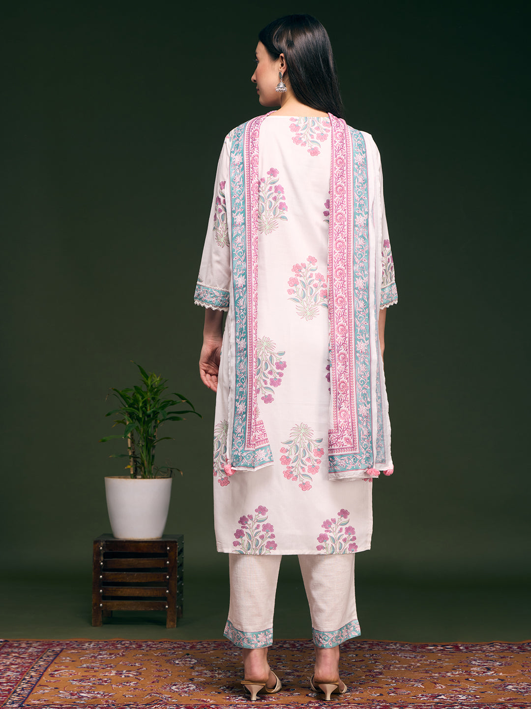 Floral Printed Embellished Straight Cut Kurta with Pant & Dupatta - White
