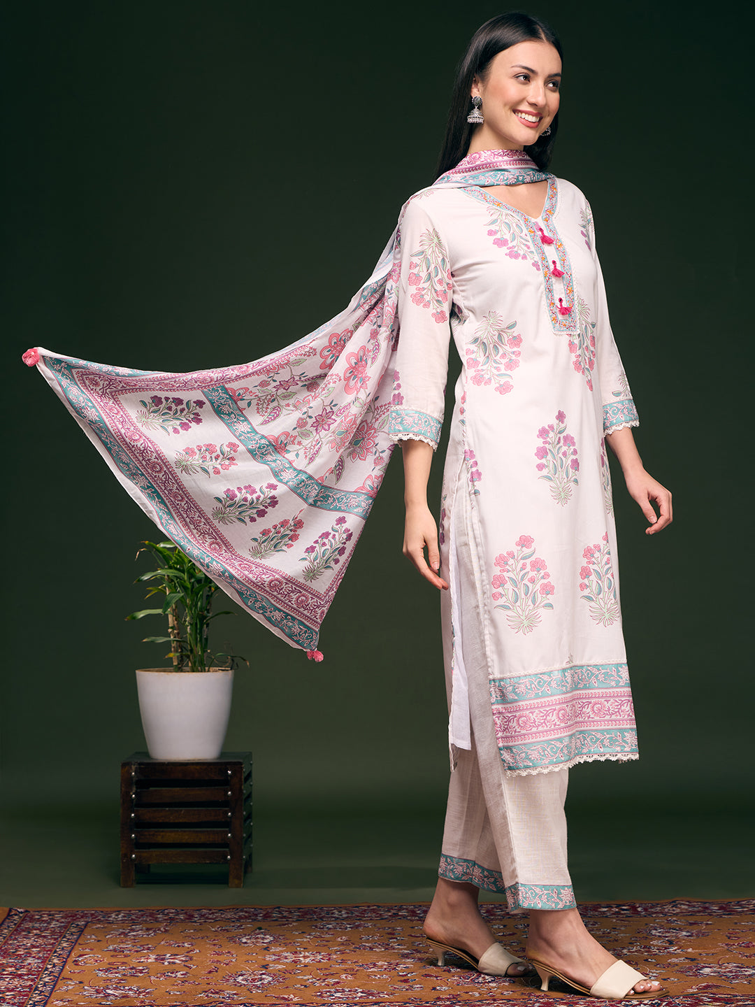 Floral Printed Embellished Straight Cut Kurta with Pant & Dupatta - White