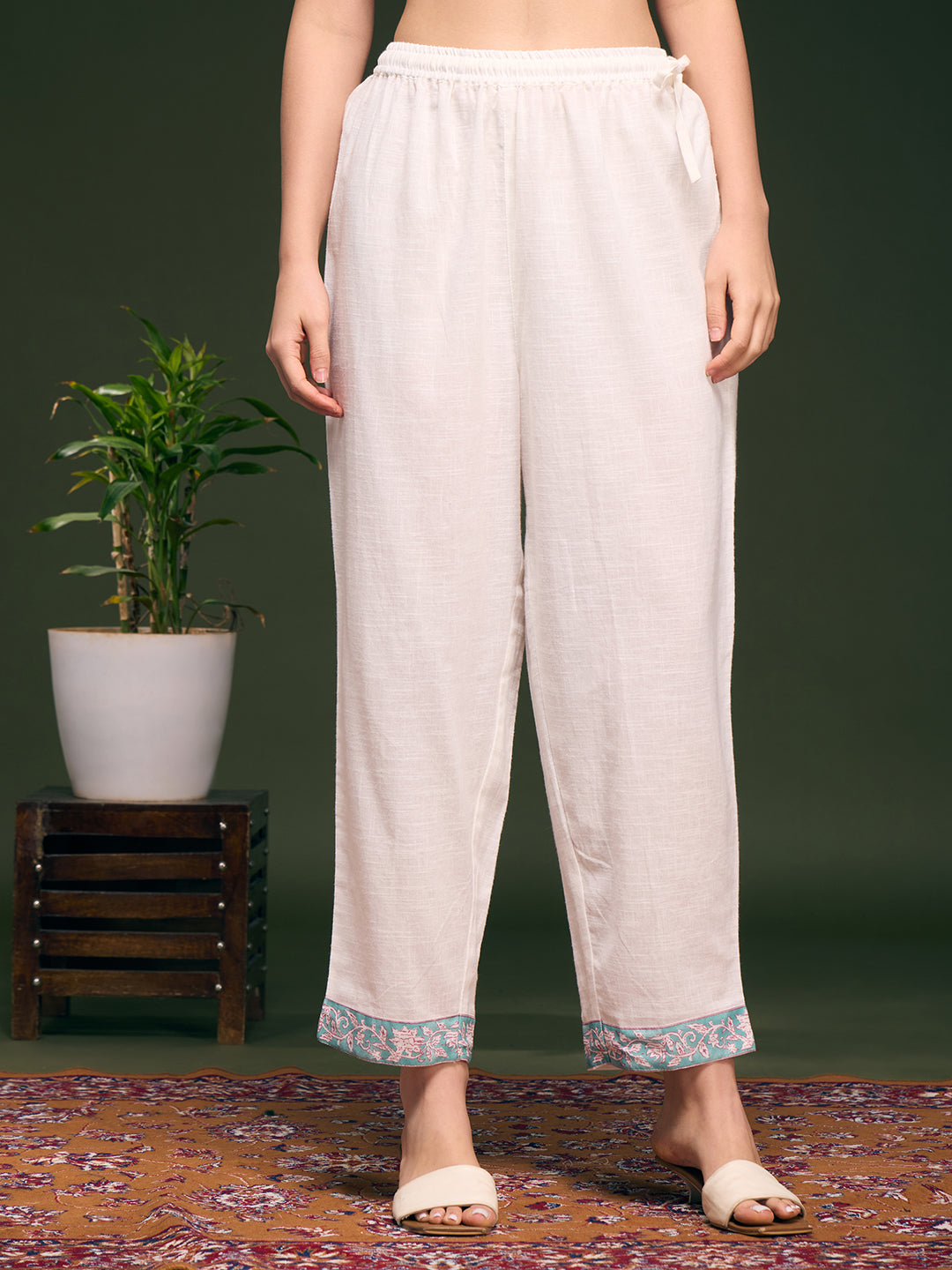 Floral Printed Embellished Straight Cut Kurta with Pant & Dupatta - White