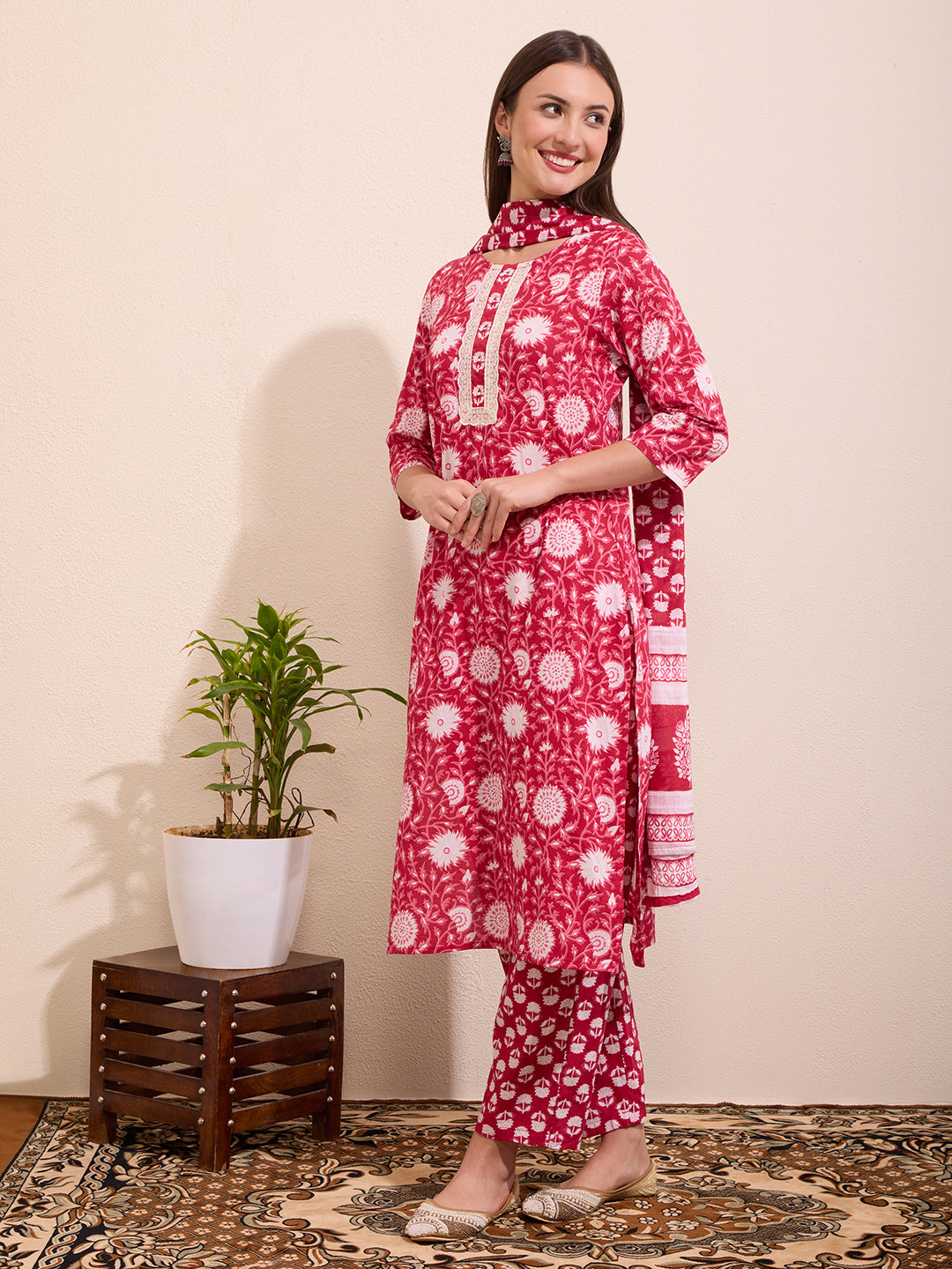 Floral Printed Embellished Straight Cut Kurta with Pant & Dupatta - Pink