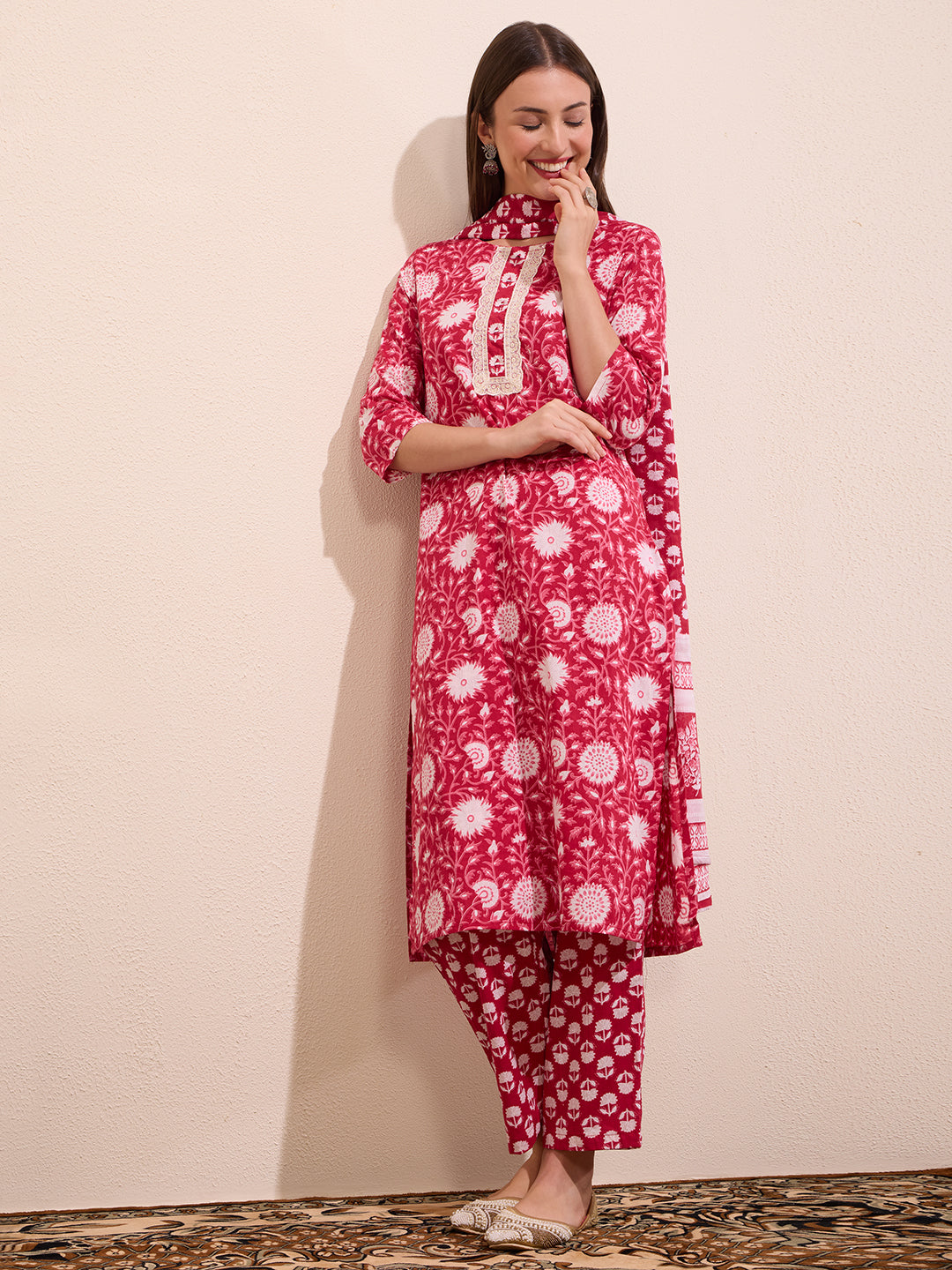 Floral Printed Embellished Straight Cut Kurta with Pant & Dupatta - Pink