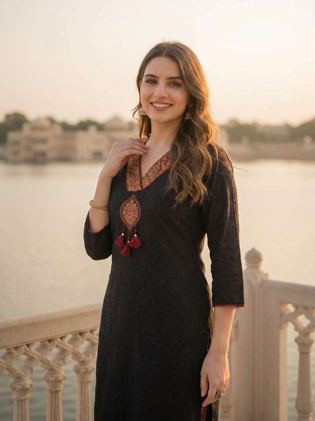 Solid Cotton Dobby A-Line Kurta with Pant - Black