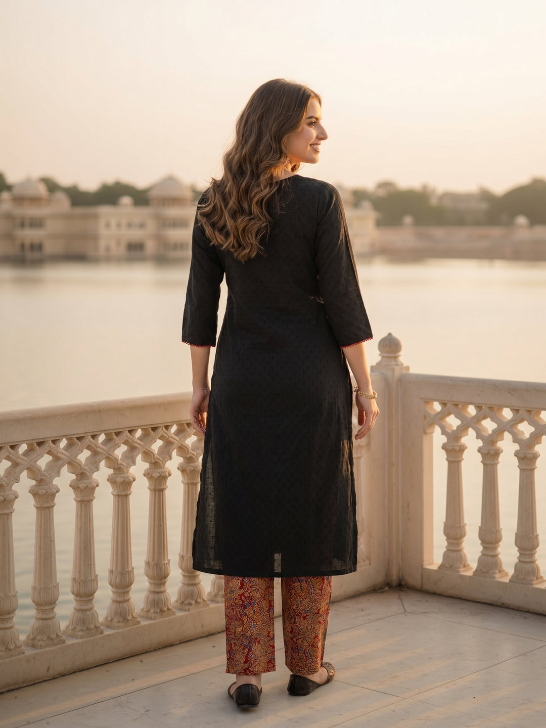 Solid Cotton Dobby A-Line Kurta with Pant - Black