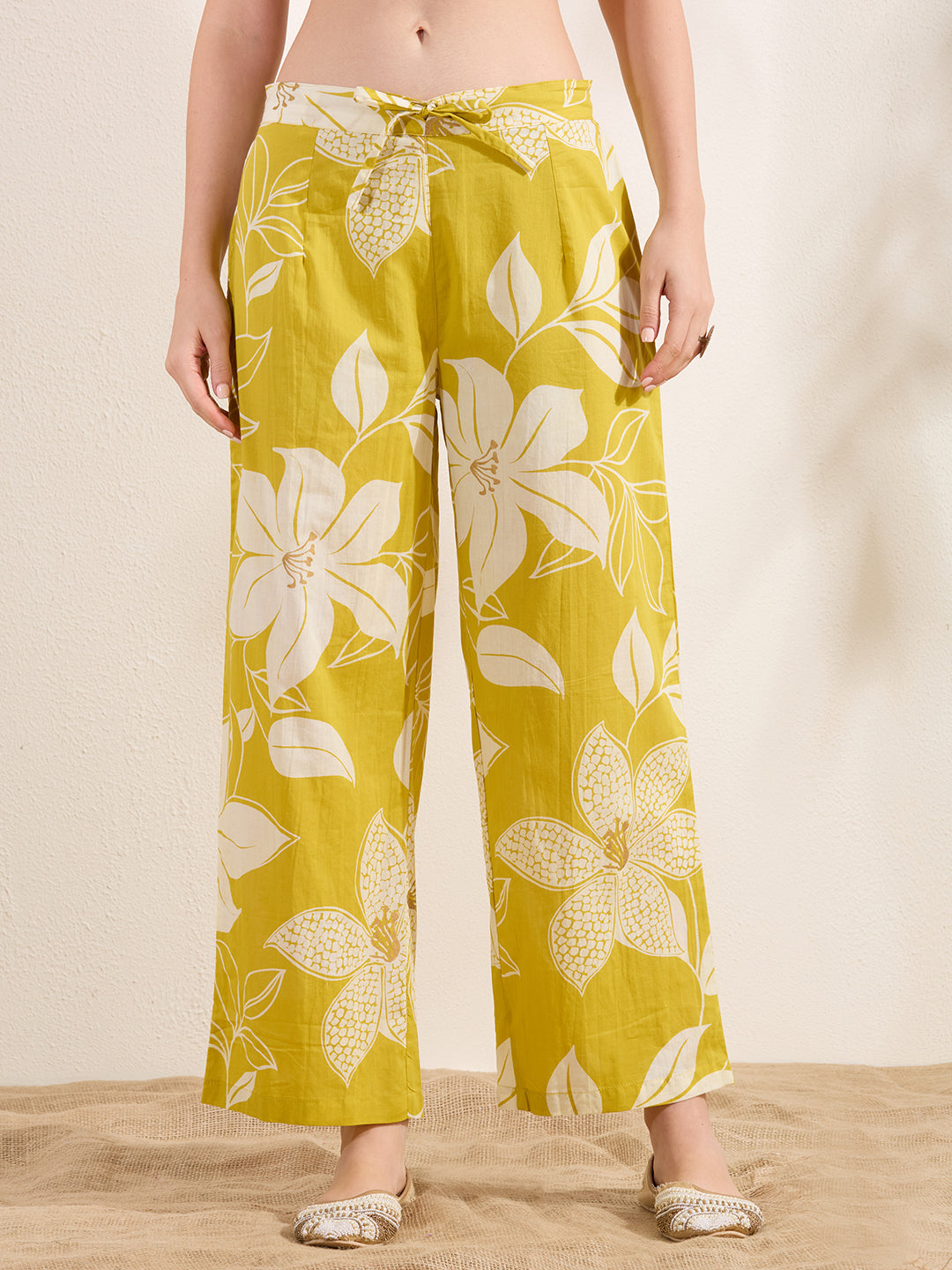 Abstract Floral Printed A-Line Paneled Kurta with Palazzo - Mustard